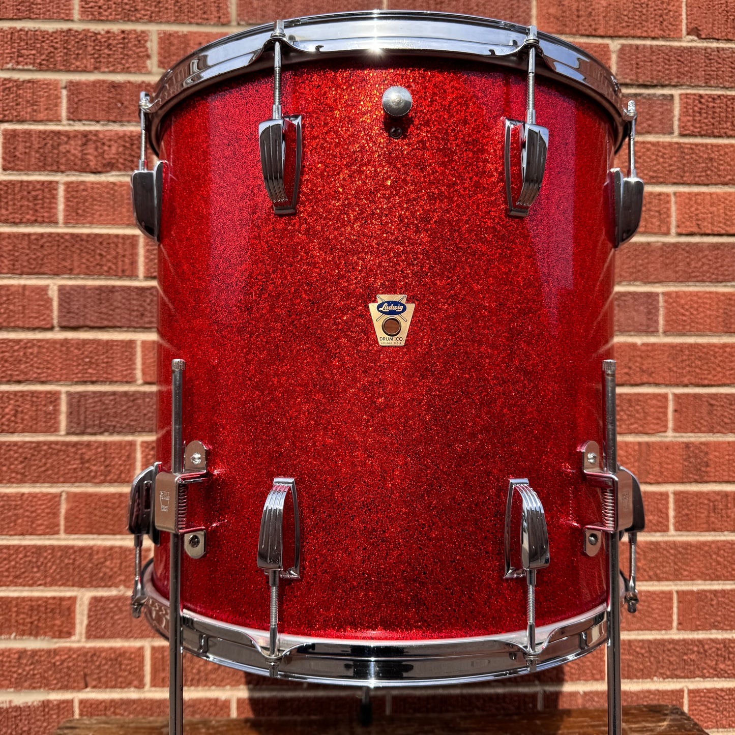 1958-1959 Ludwig 16x16 Trans Badge Floor Tom Red Glass Glitter Sparkle