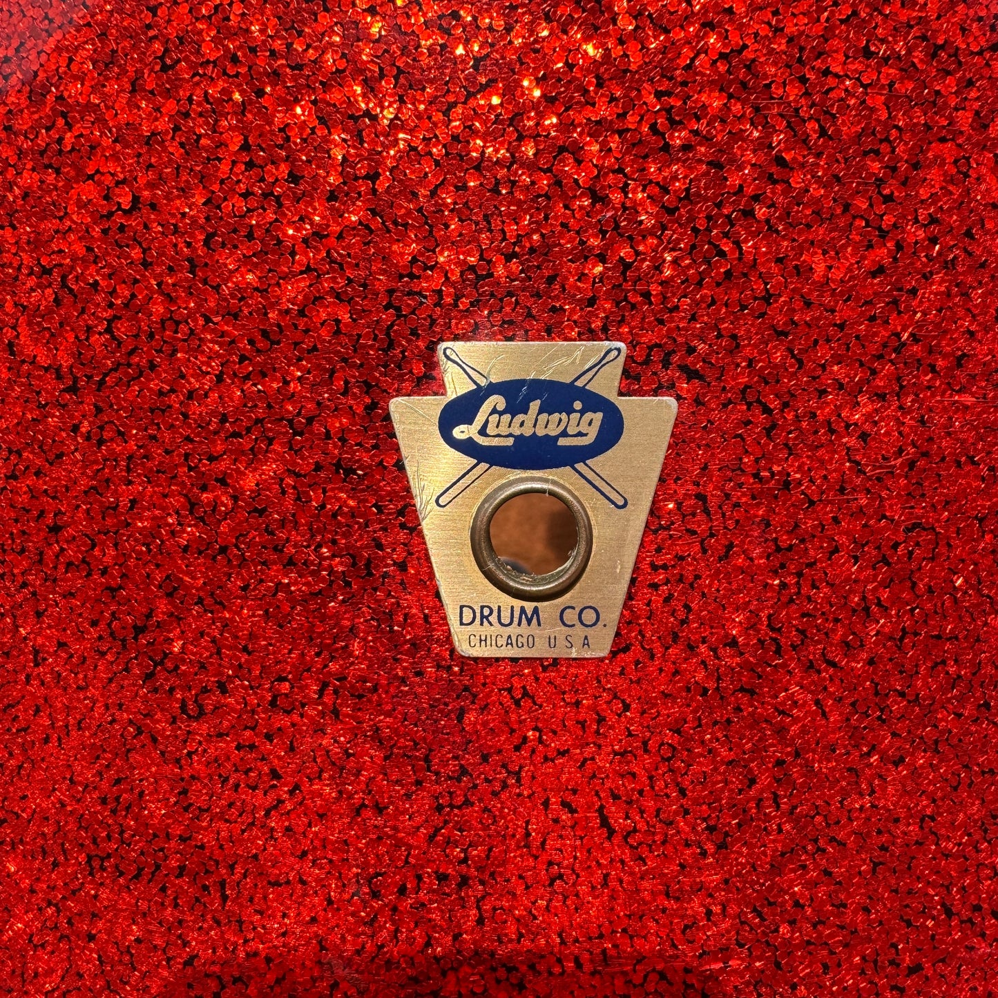 1958-1959 Ludwig 16x16 Trans Badge Floor Tom Red Glass Glitter Sparkle