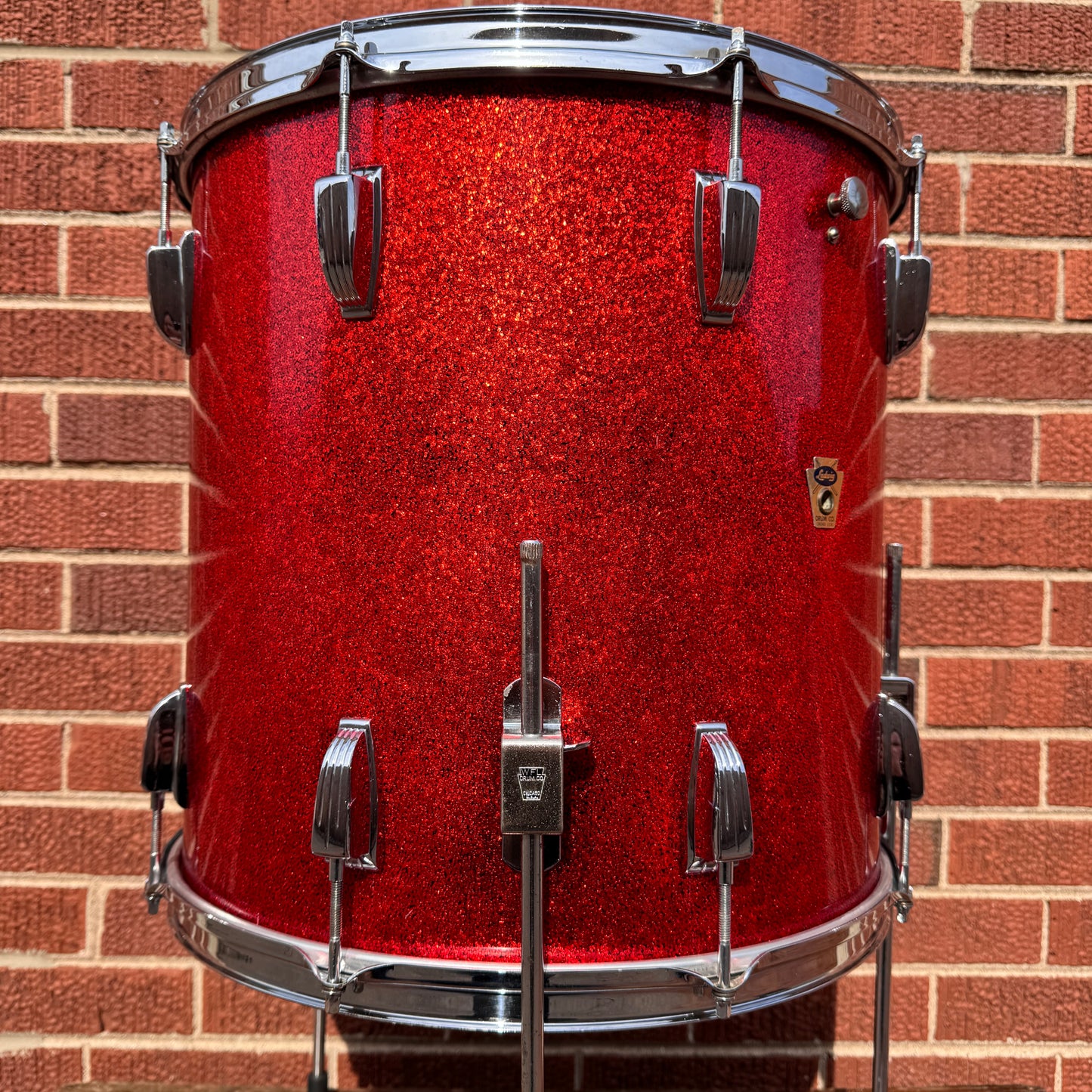 1958-1959 Ludwig 16x16 Trans Badge Floor Tom Red Glass Glitter Sparkle