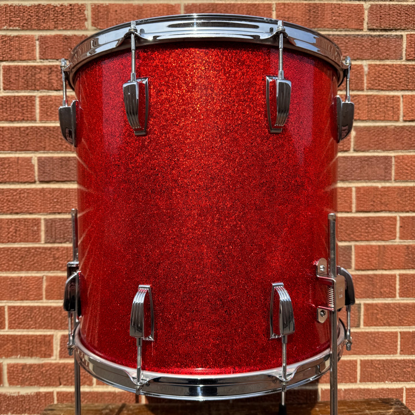 1958-1959 Ludwig 16x16 Trans Badge Floor Tom Red Glass Glitter Sparkle