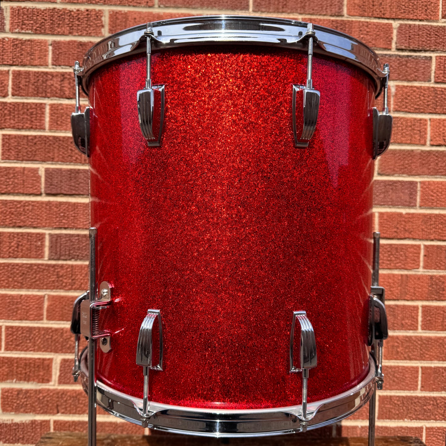 1958-1959 Ludwig 16x16 Trans Badge Floor Tom Red Glass Glitter Sparkle