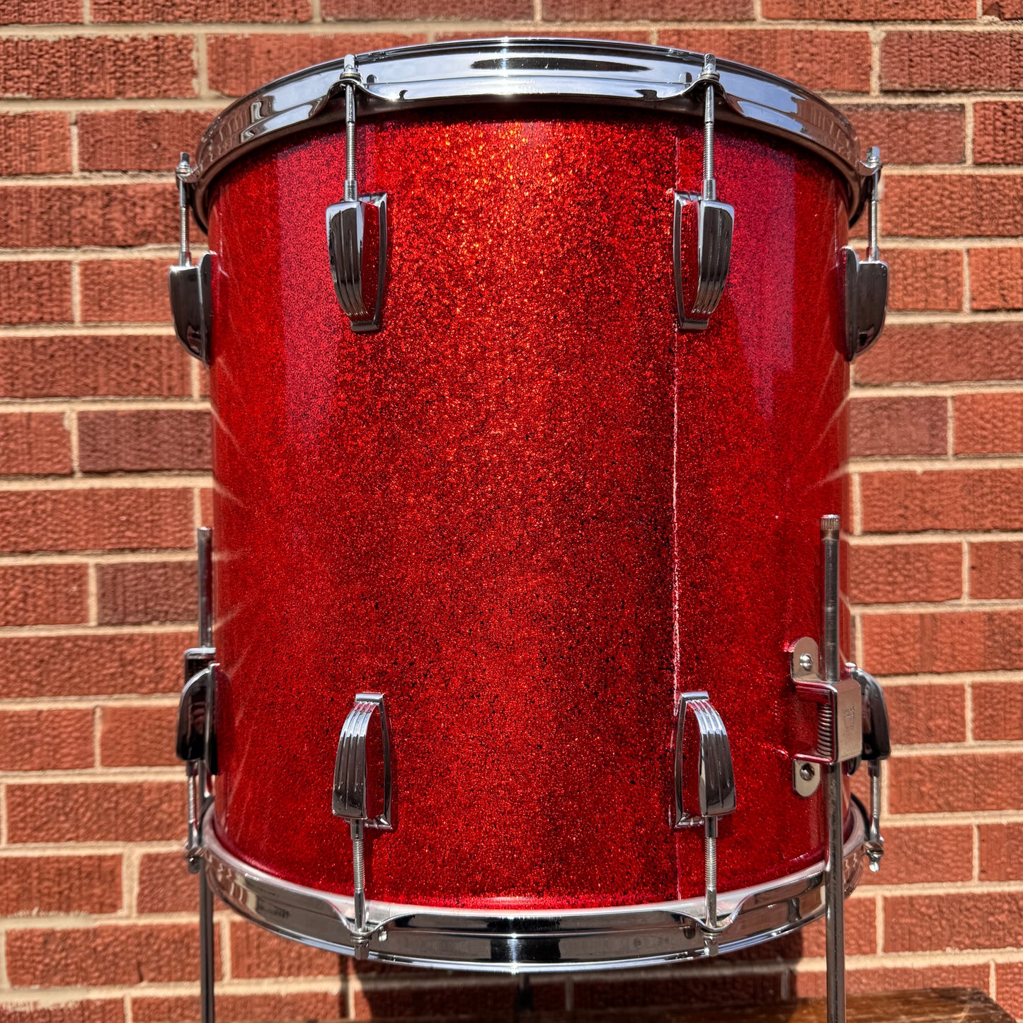 1958-1959 Ludwig 16x16 Trans Badge Floor Tom Red Glass Glitter Sparkle
