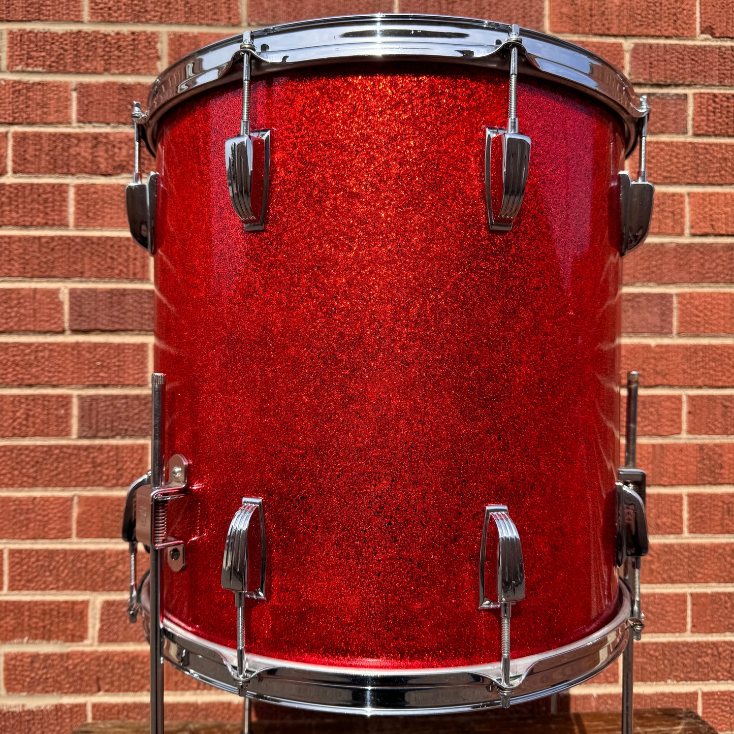 1958-1959 Ludwig 16x16 Trans Badge Floor Tom Red Glass Glitter Sparkle