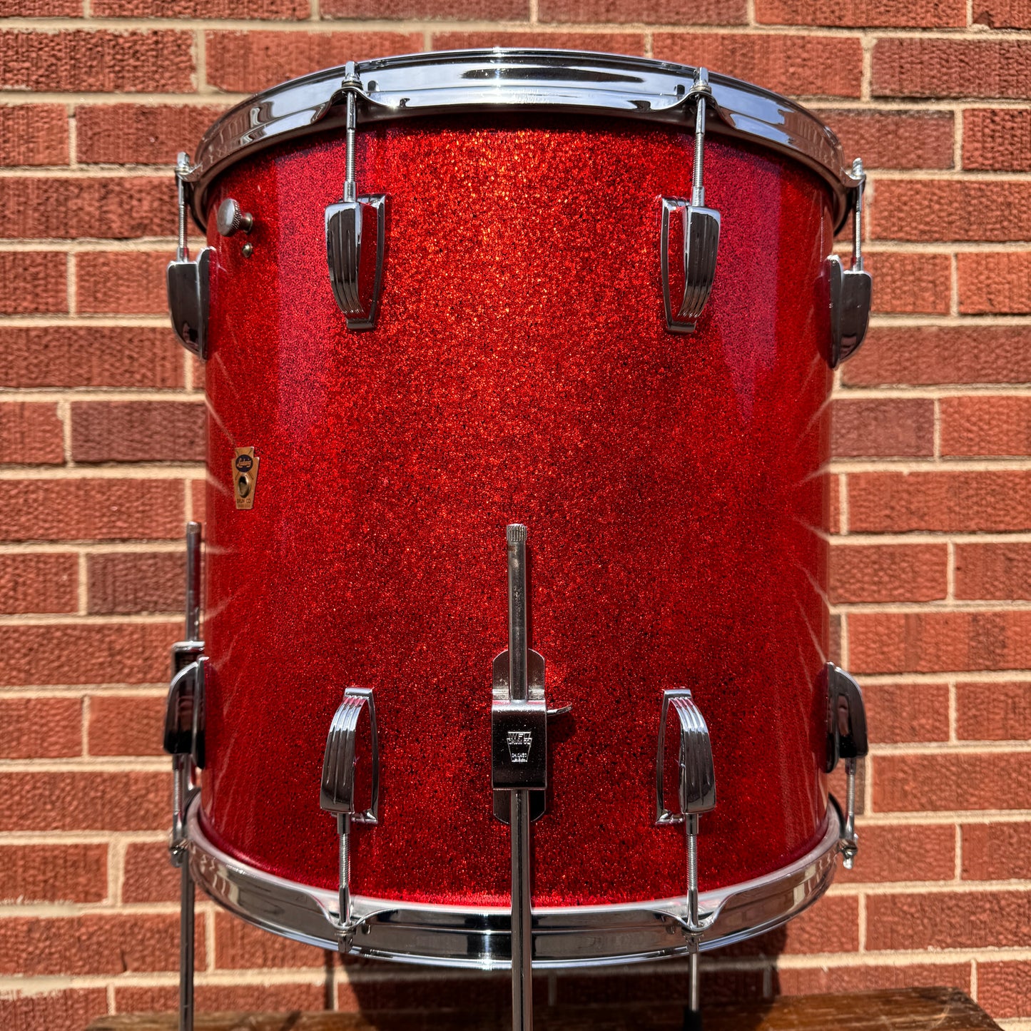 1958-1959 Ludwig 16x16 Trans Badge Floor Tom Red Glass Glitter Sparkle