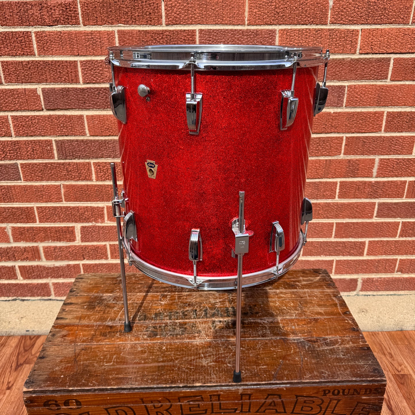1958-1959 Ludwig 16x16 Trans Badge Floor Tom Red Glass Glitter Sparkle