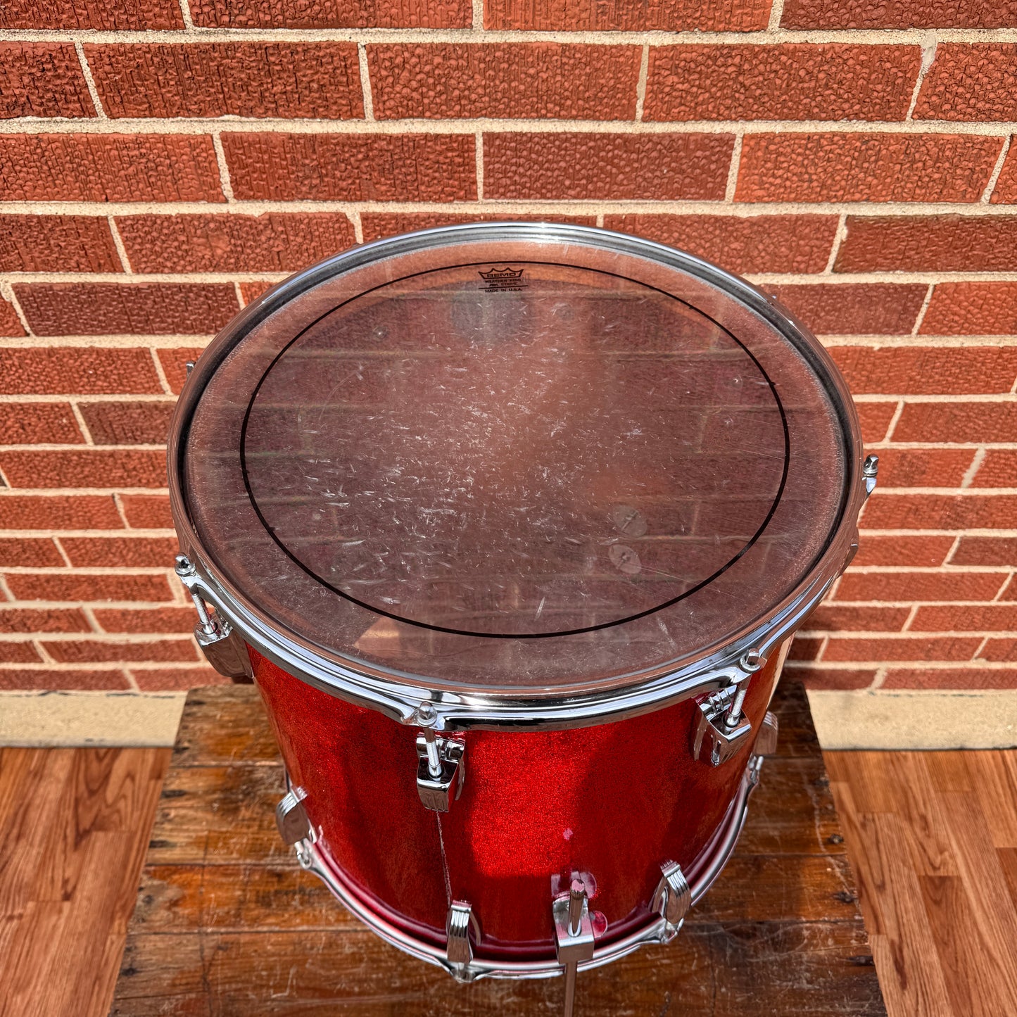 1958-1959 Ludwig 16x16 Trans Badge Floor Tom Red Glass Glitter Sparkle