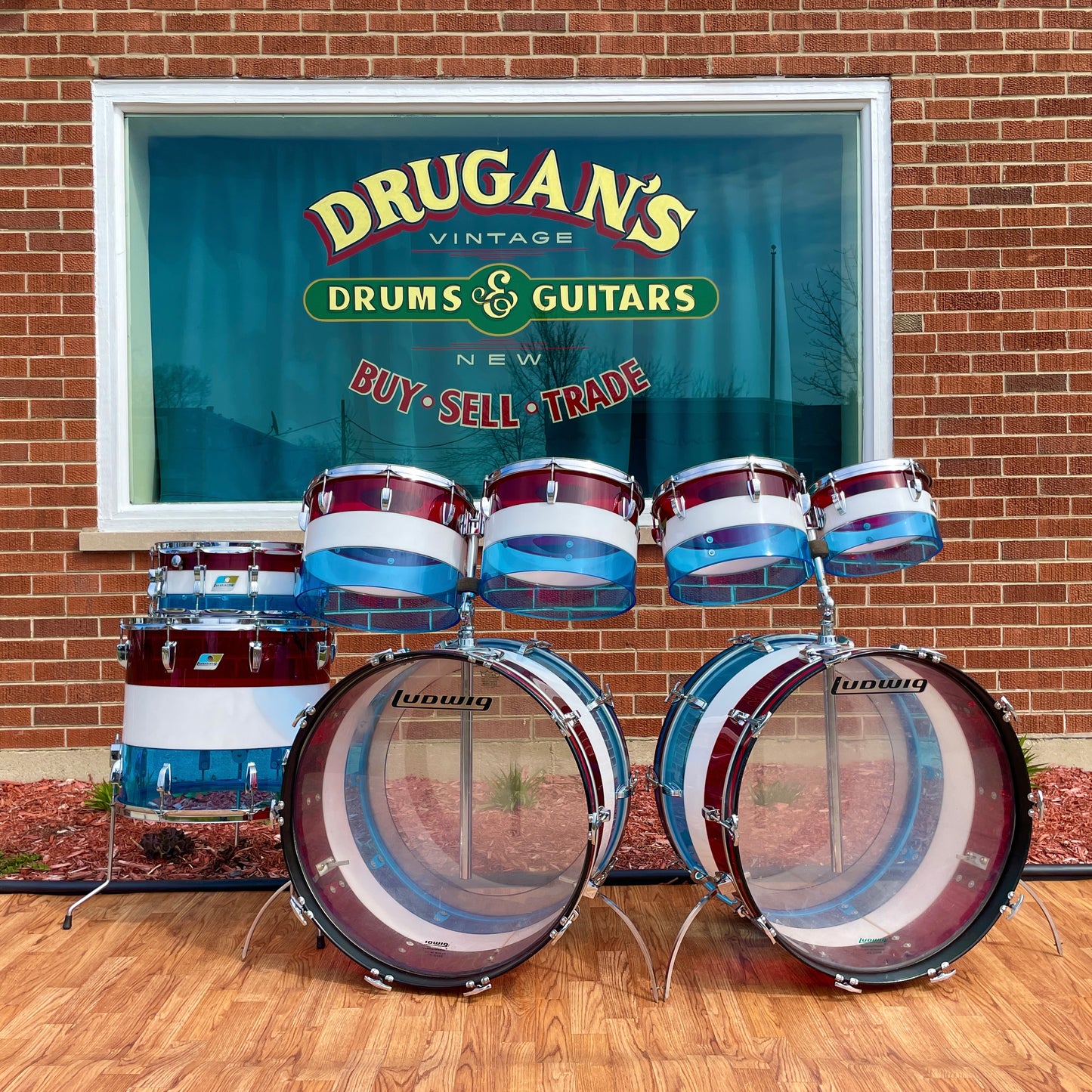 1970s Ludwig Bicentennial Vistalite Dual Bass Drum Set w/ Snare & Concert Toms Red/White/Blue