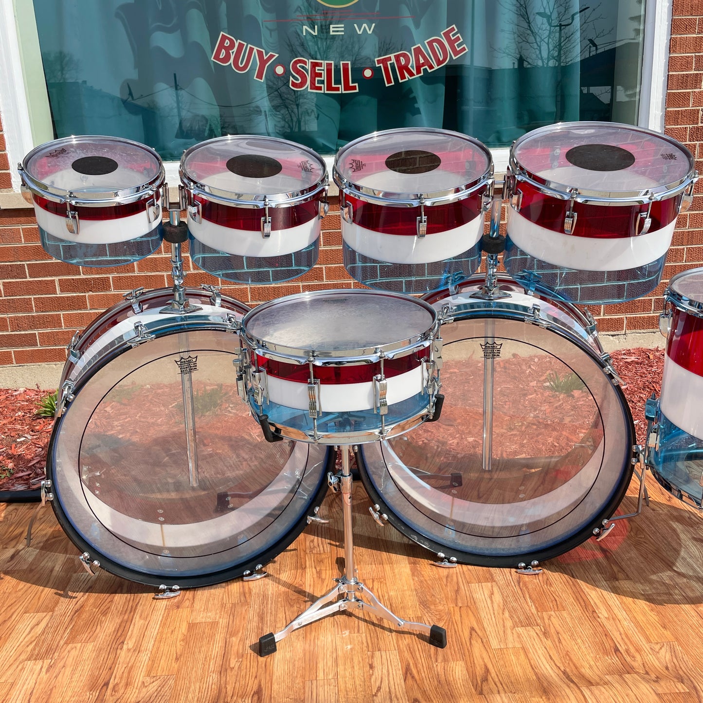 1970s Ludwig Bicentennial Vistalite Dual Bass Drum Set w/ Snare & Concert Toms Red/White/Blue