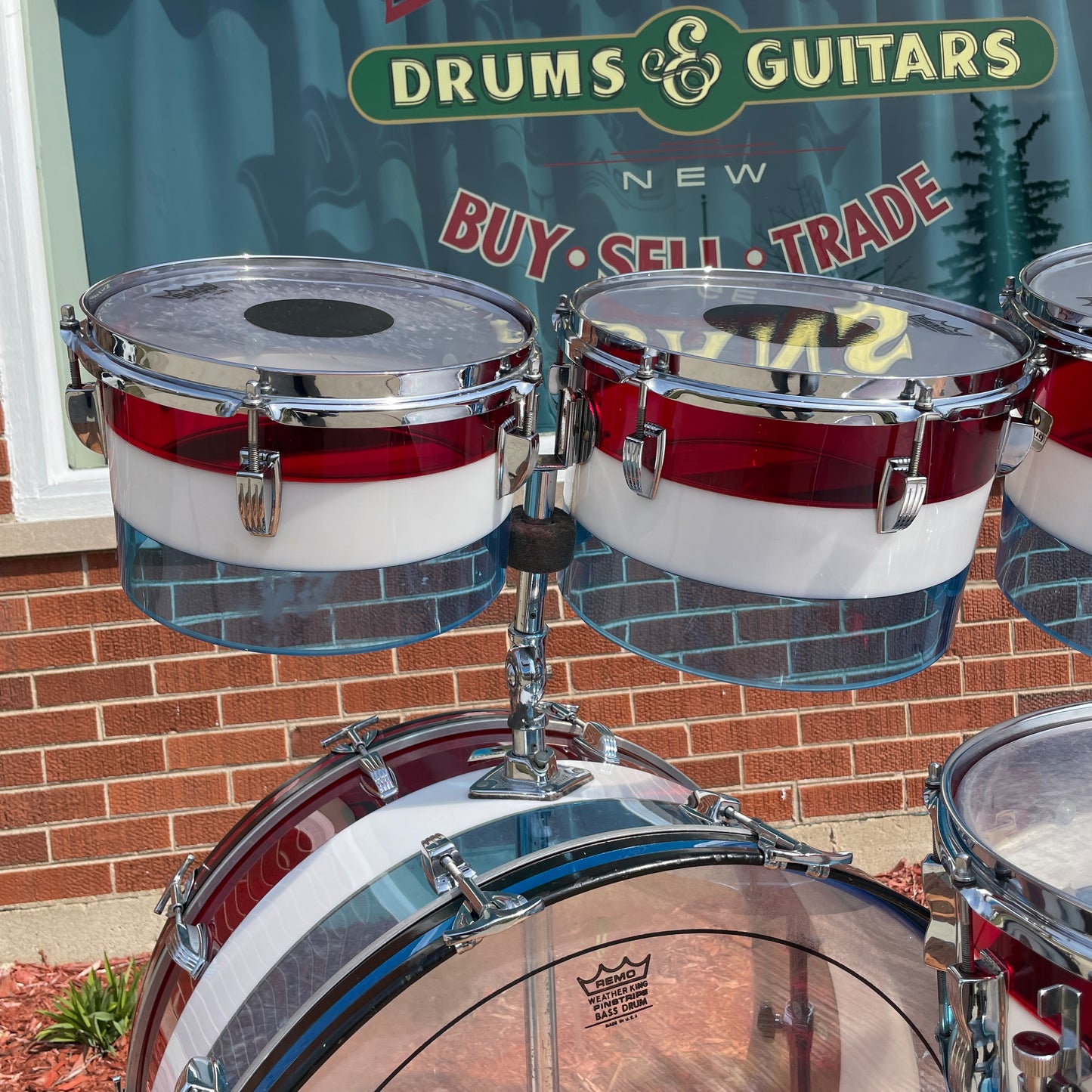 1970s Ludwig Bicentennial Vistalite Dual Bass Drum Set w/ Snare & Concert Toms Red/White/Blue