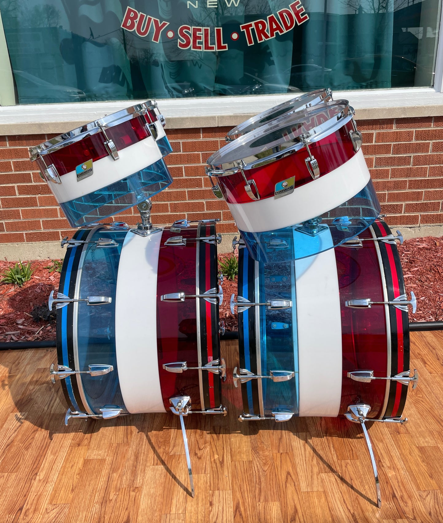 1970s Ludwig Bicentennial Vistalite Dual Bass Drum Set w/ Snare & Concert Toms Red/White/Blue