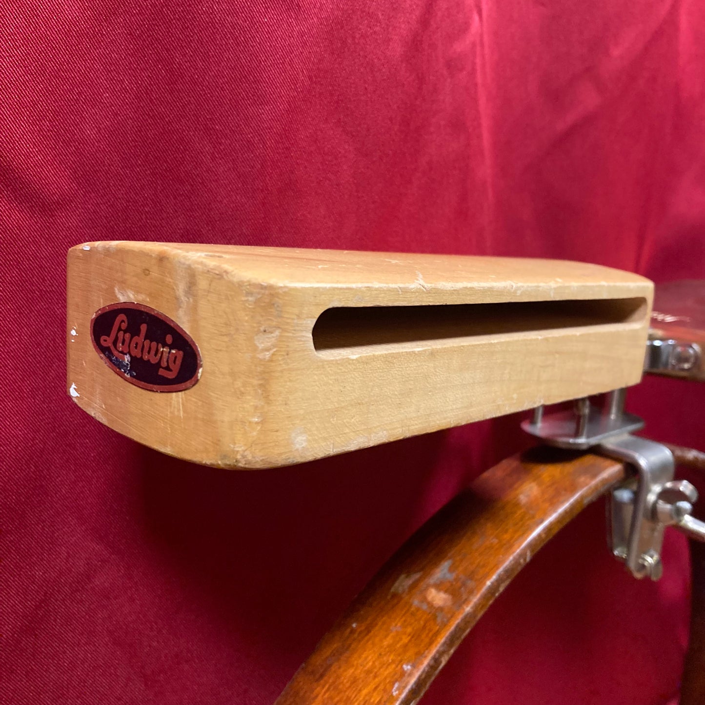 1960s Ludwig 5" Golden Tone Cow Bell and Wood Block w/ Mount Script Logo