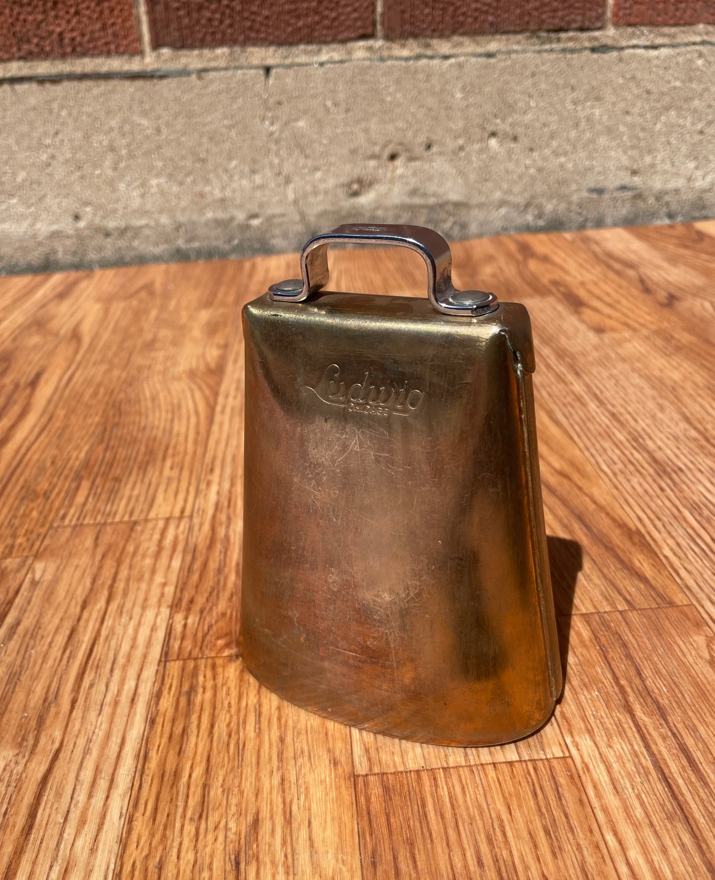 1960s Ludwig No. 129 5" Golden Tone Cow Bell w/ No. 133 Cowbell Holder Script Logo