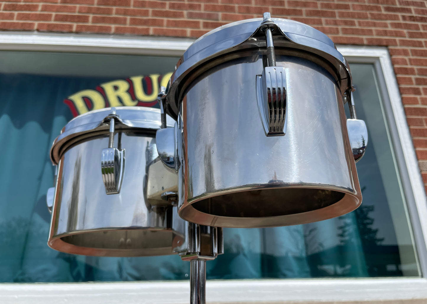 1970s Ludwig 6" & 8" Stainless Steel Single Headed Bongos w/ Slide Mount