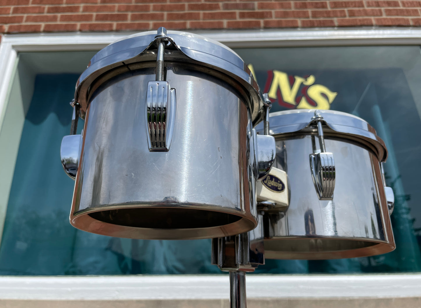 1970s Ludwig 6" & 8" Stainless Steel Single Headed Bongos w/ Slide Mount