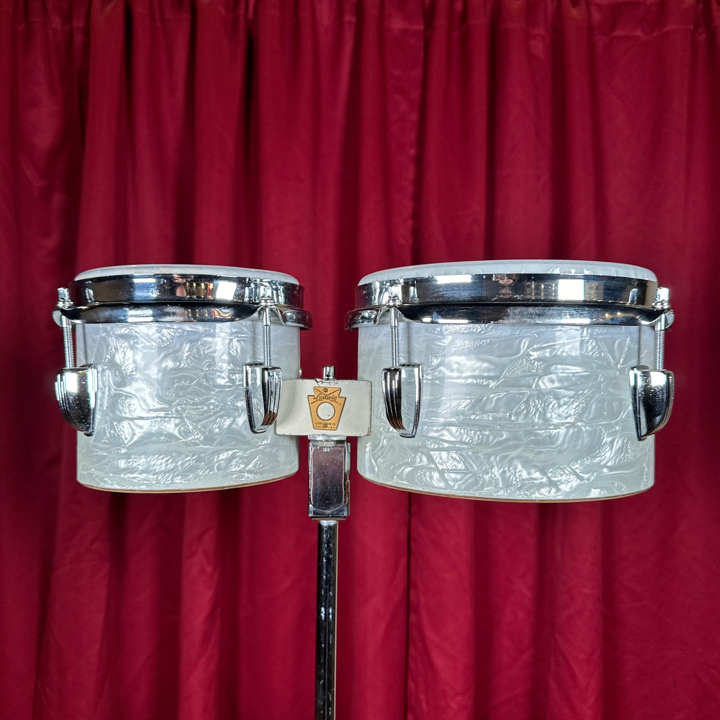 1960s Ludwig 6" & 8" No. 2358P Tunable Bongos w/ Slide Mount White Marine Pearl