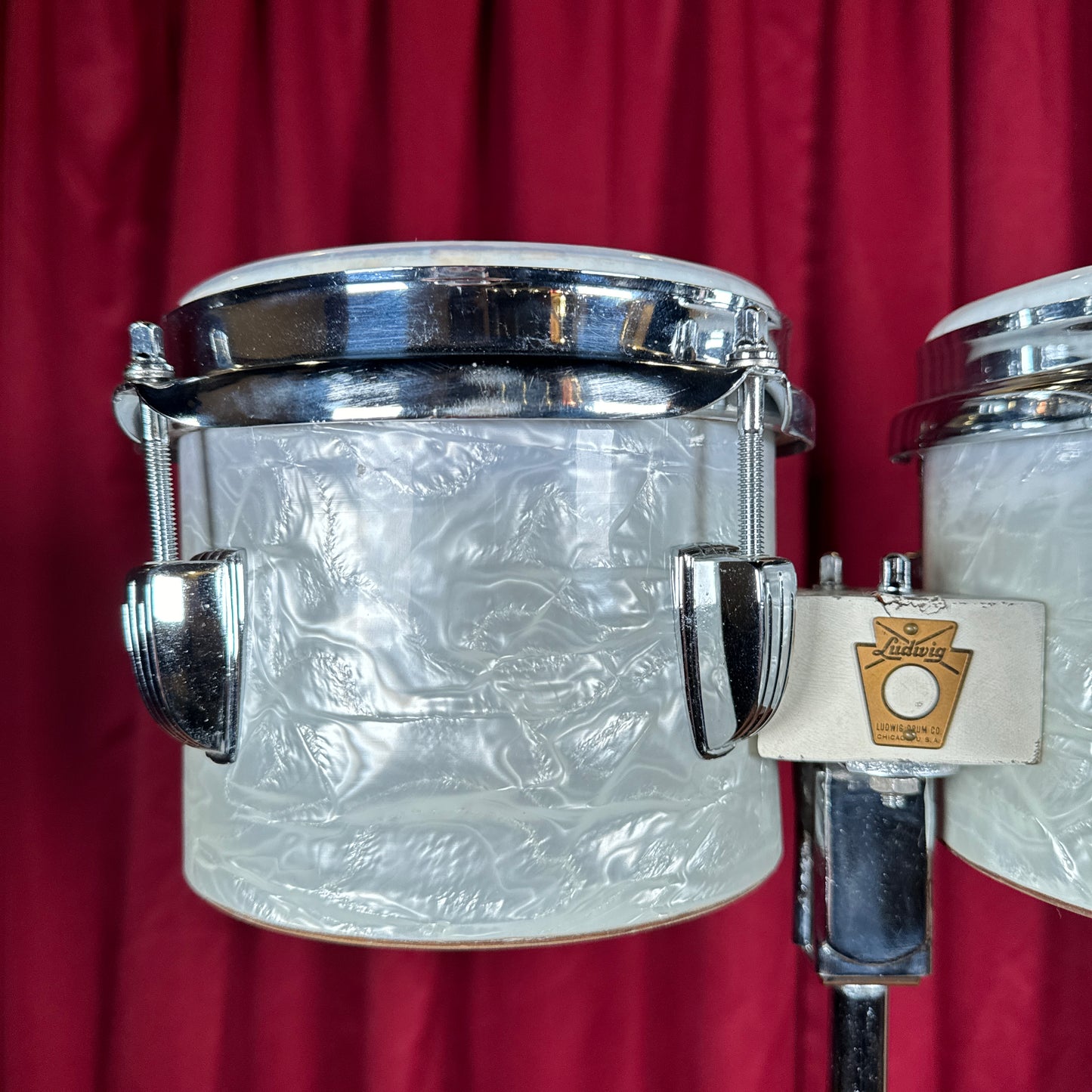 1960s Ludwig 6" & 8" No. 2358P Tunable Bongos w/ Slide Mount White Marine Pearl