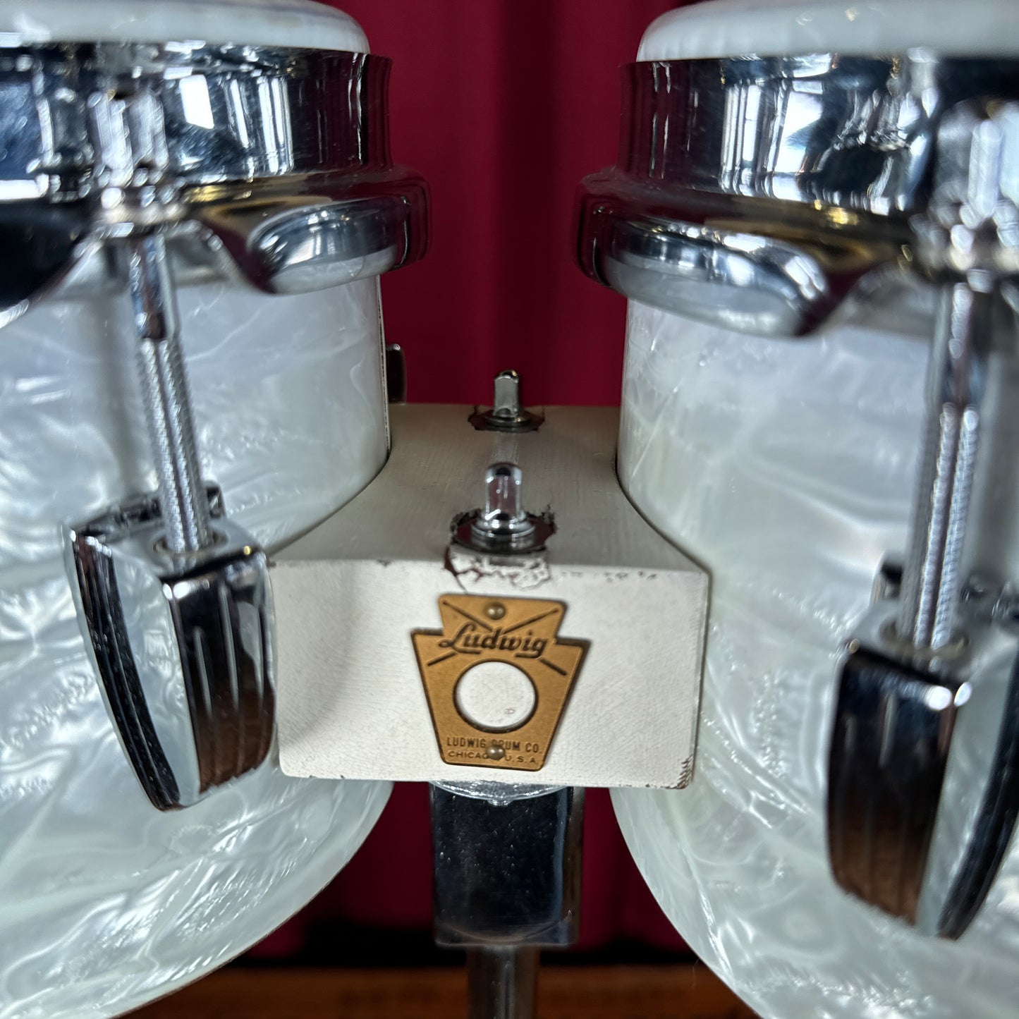 1960s Ludwig 6" & 8" No. 2358P Tunable Bongos w/ Slide Mount White Marine Pearl