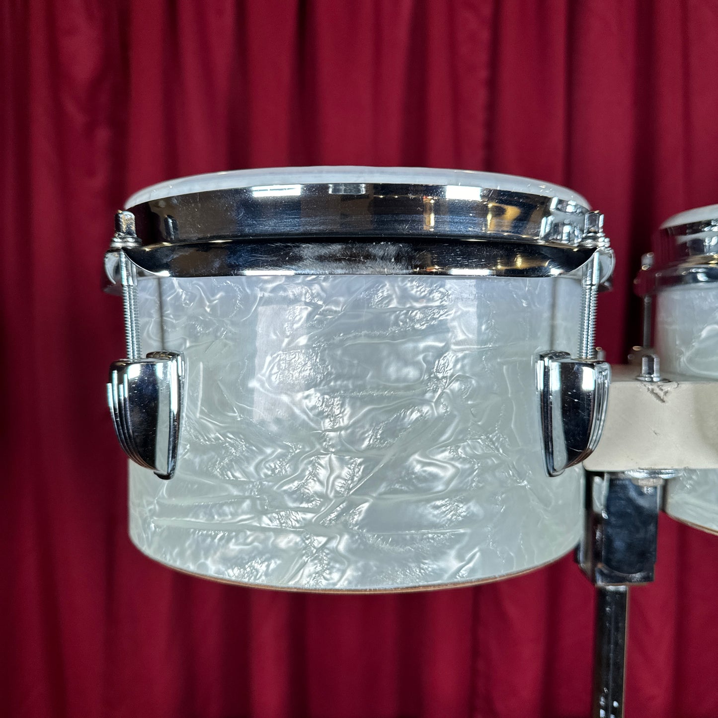 1960s Ludwig 6" & 8" No. 2358P Tunable Bongos w/ Slide Mount White Marine Pearl