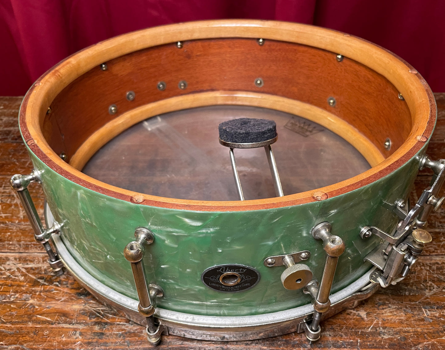 1926 Liberty 5x14 Solid Walnut Shell Snare Drum Sea Green Pearl
