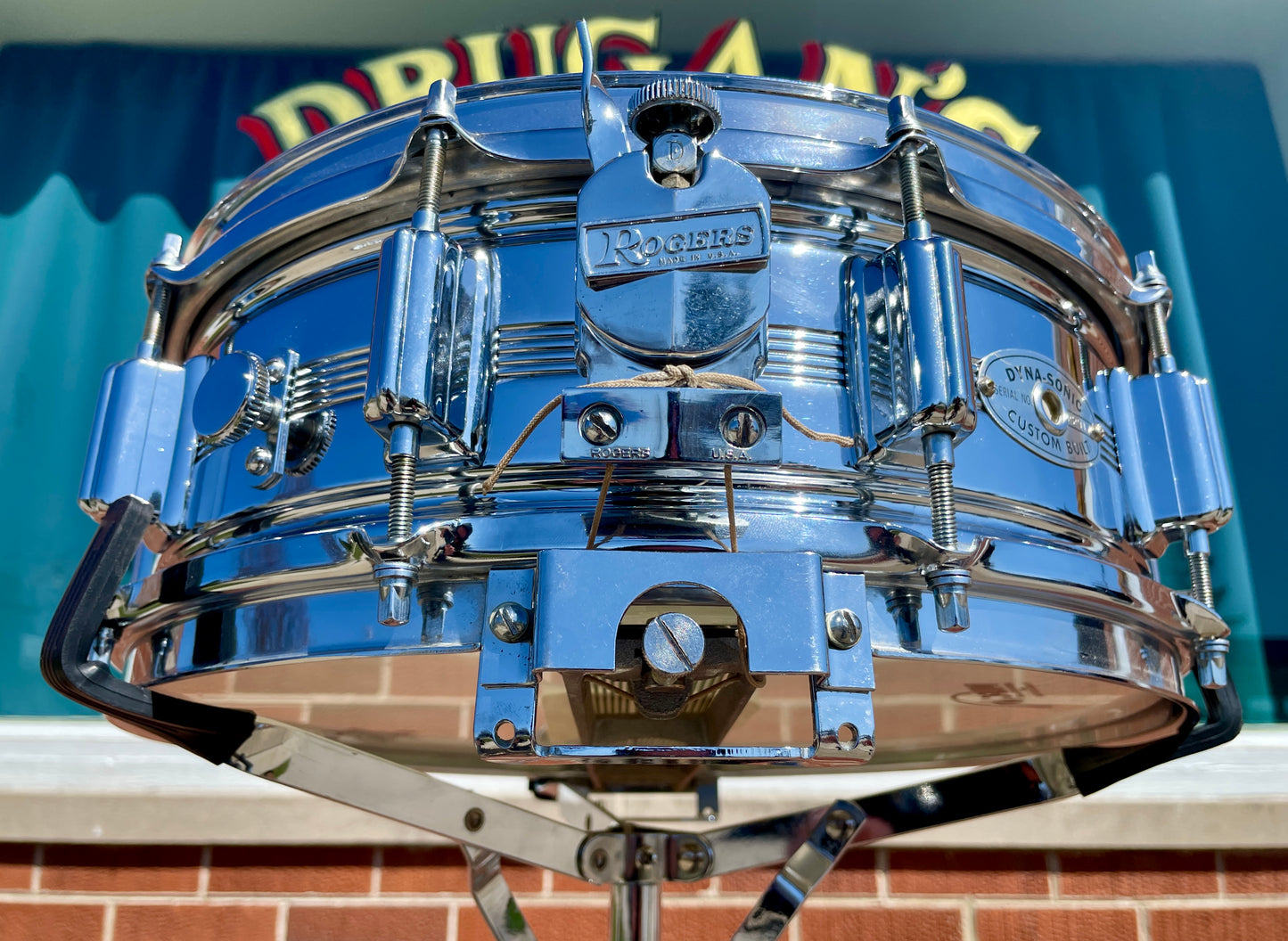 1960s Rogers 5x14 Dyna-Sonic 5-Line Snare Drum Chrome Over Brass Dynasonic COB