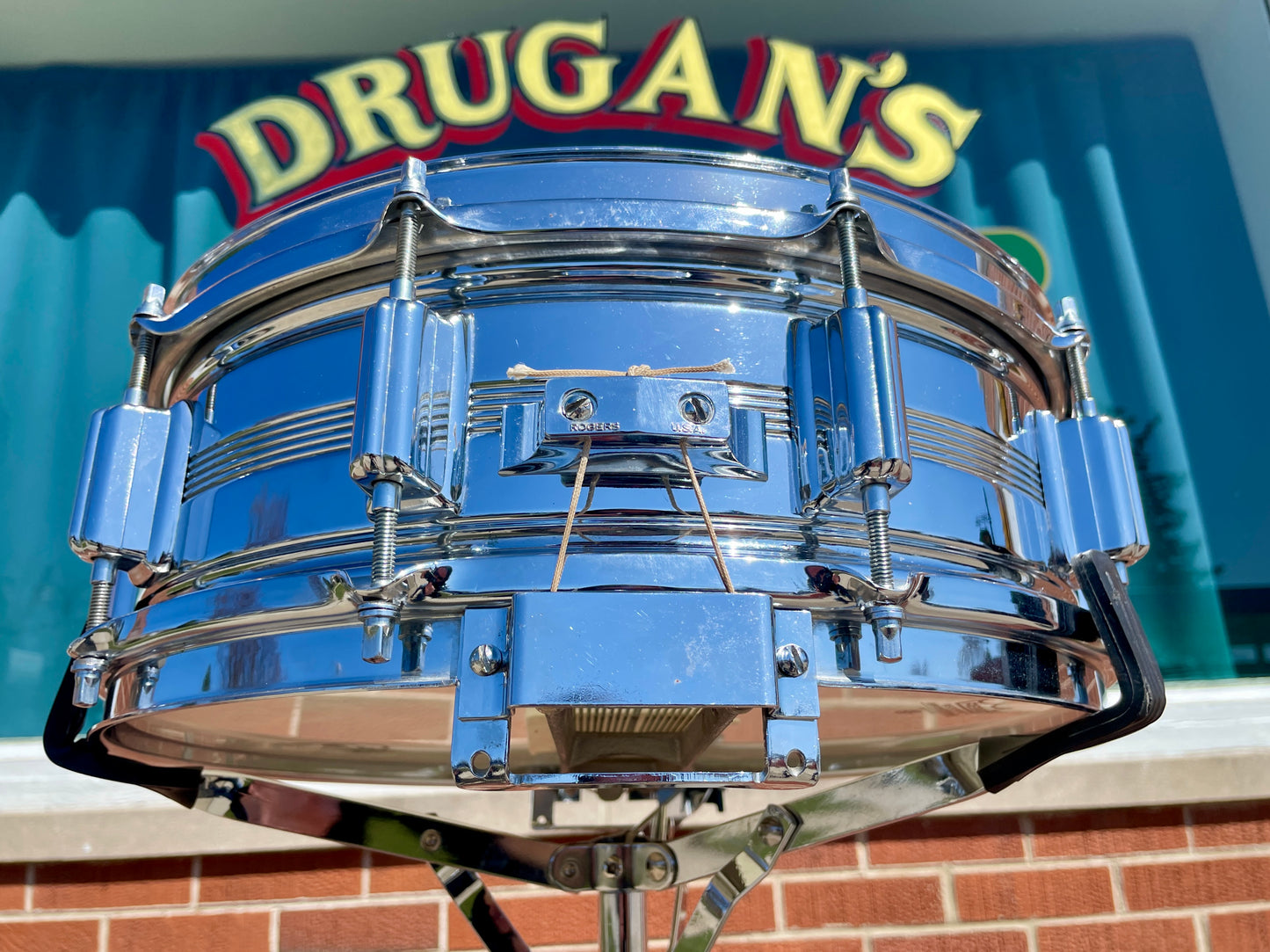 1960s Rogers 5x14 Dyna-Sonic 5-Line Snare Drum Chrome Over Brass Dynasonic COB
