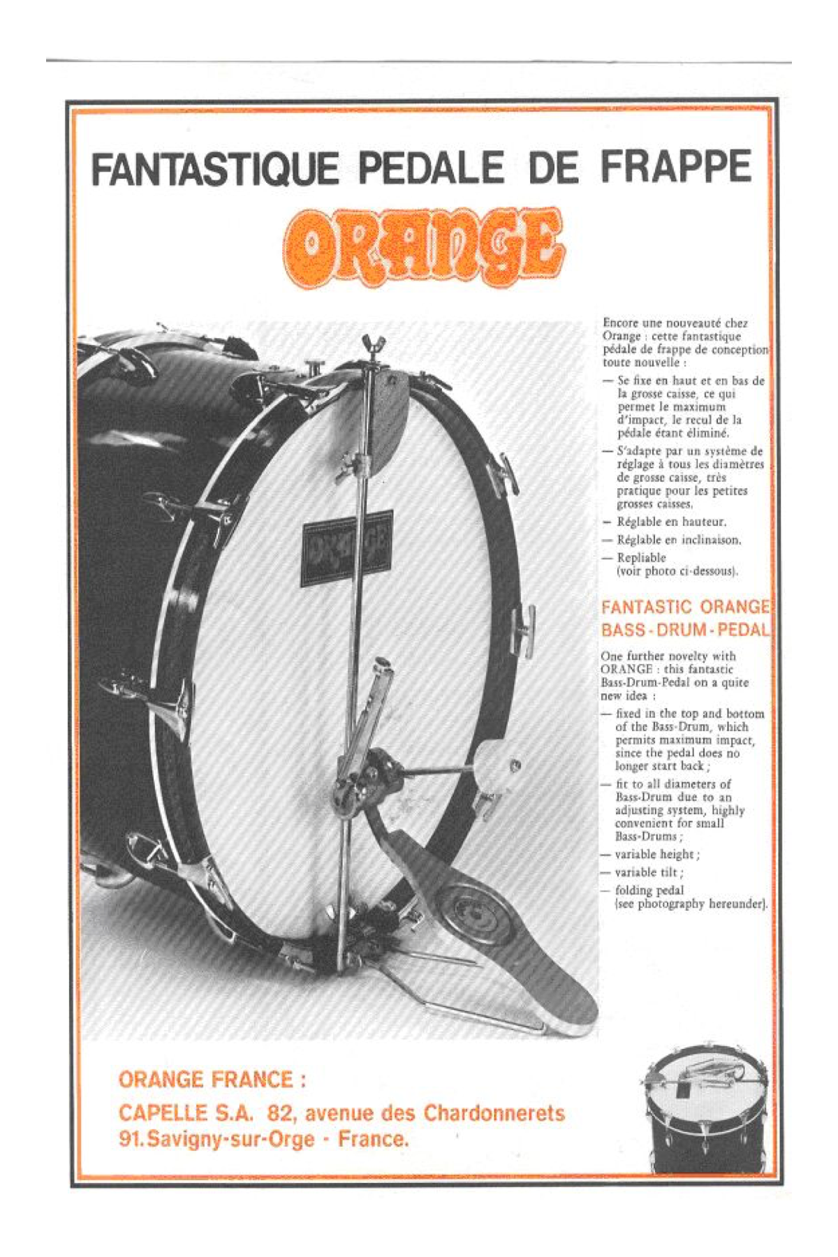 1970s Pro-Mark Orange Bass Drum Pedal Cappelle #2