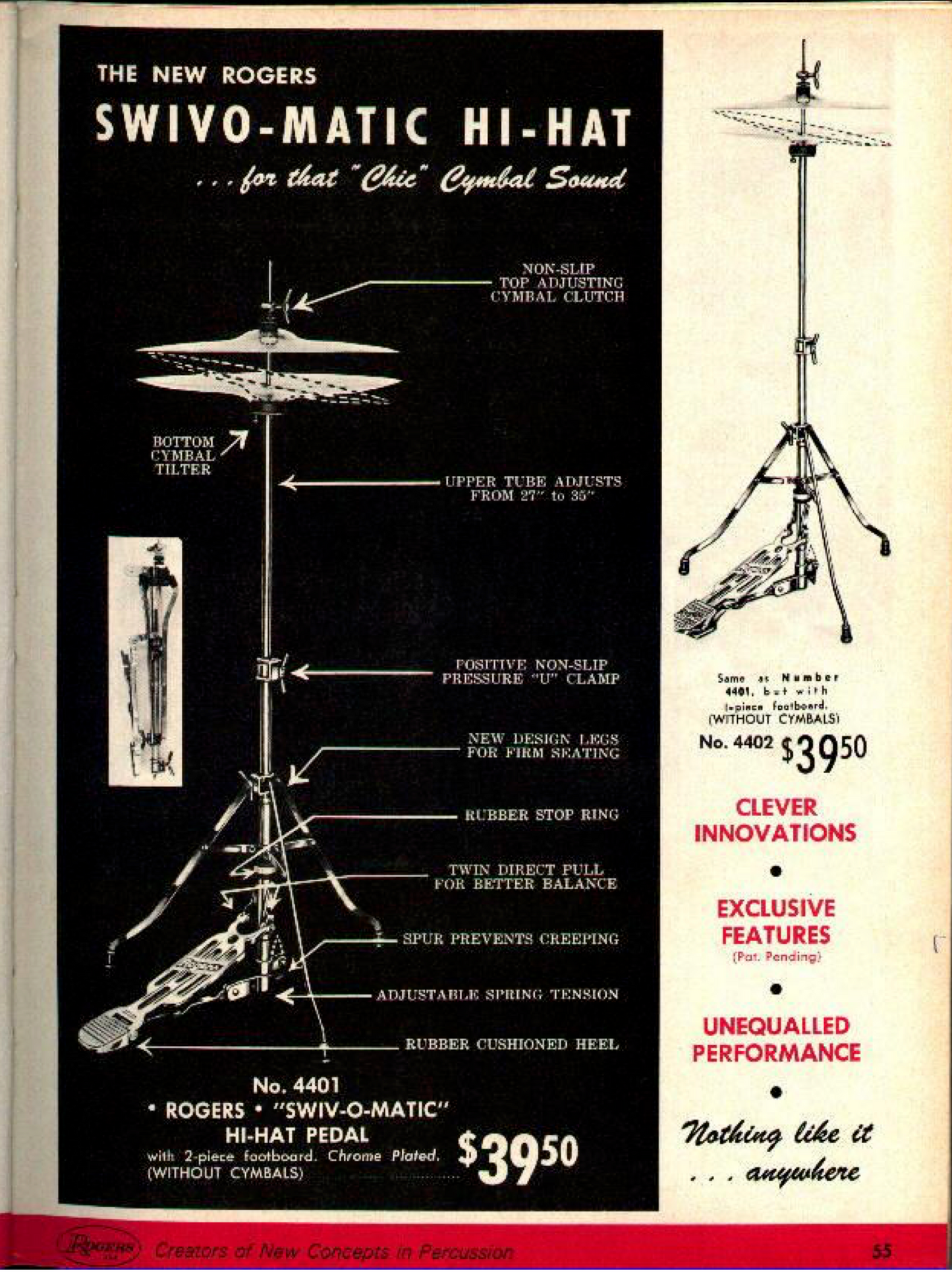 1960s Rogers Swiv-O-Matic No. 4401 Swan Leg Hi-Hat Stand