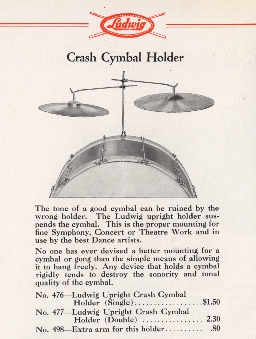 1920s Ludwig No. 476 Upright Crash Cymbal Holder Hoop Mounted Cymbal Arm