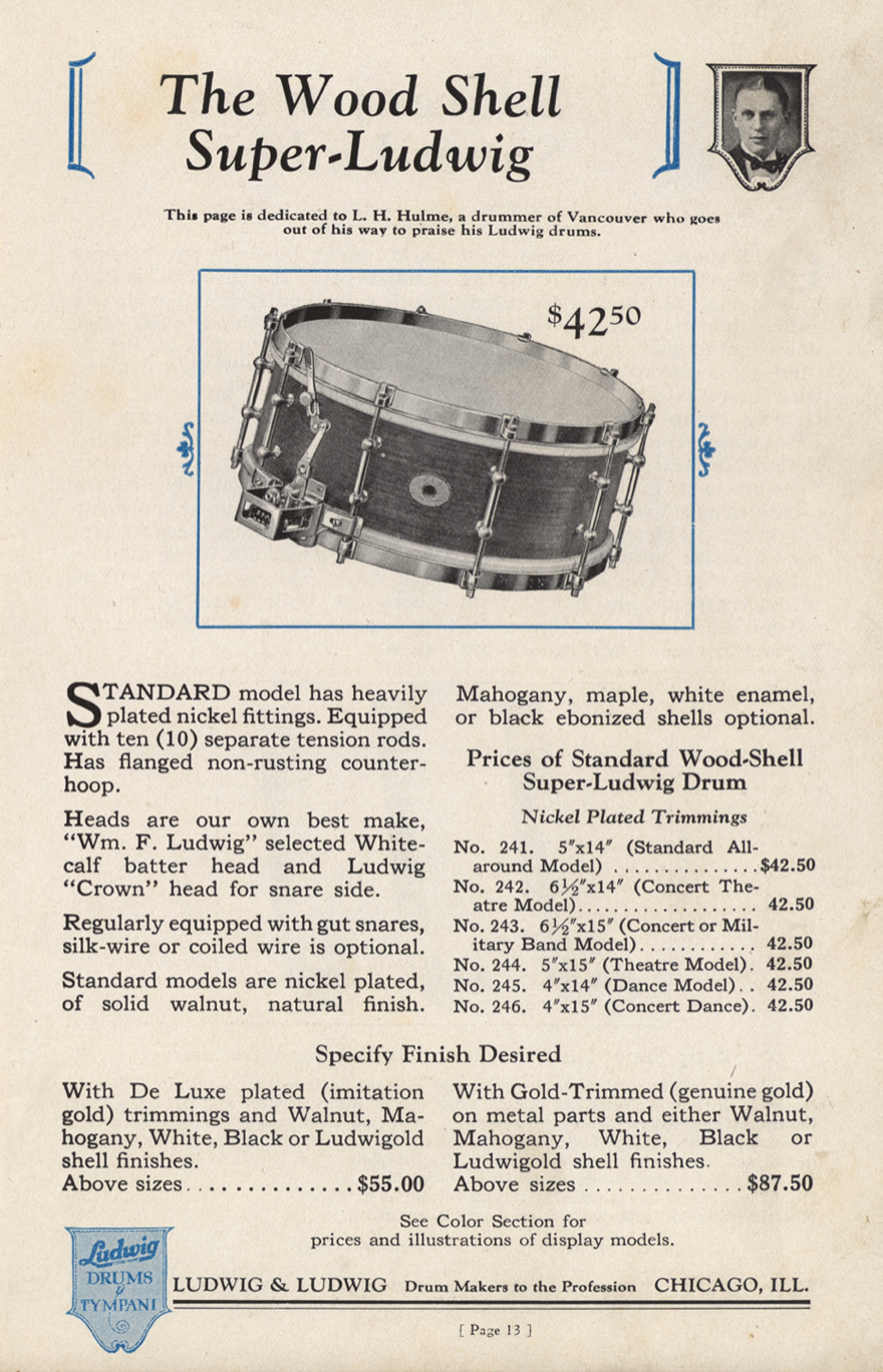 1920s Ludwig No. 245 Dance Model 4x14 Solid Walnut Shell Super Ludwig Snare Drum