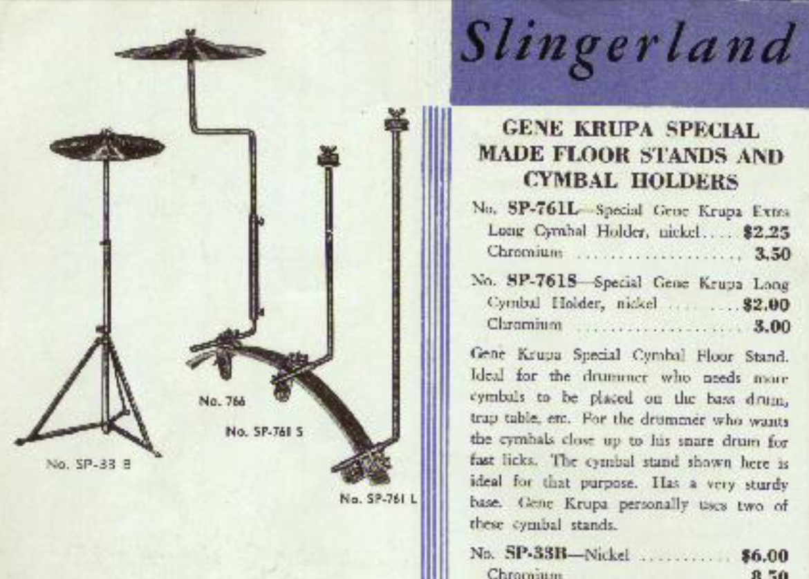 1940s Slingerland SP-761S 14" Gene Krupa L-Arm Cymbal Holder Radio King