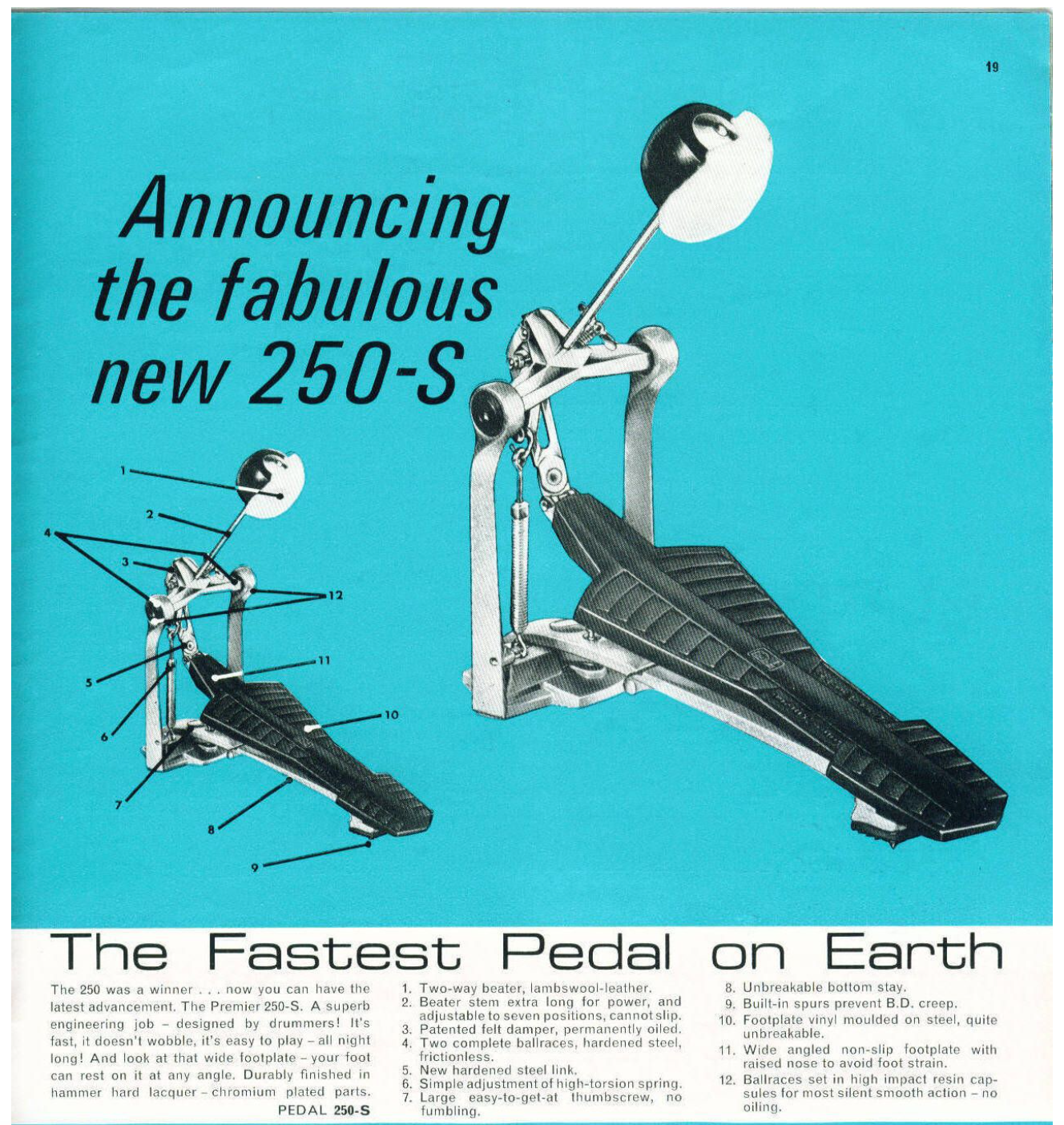 1960s Premier No. 250-S Bass Drum Pedal w/ No. 291 2-Way Beater