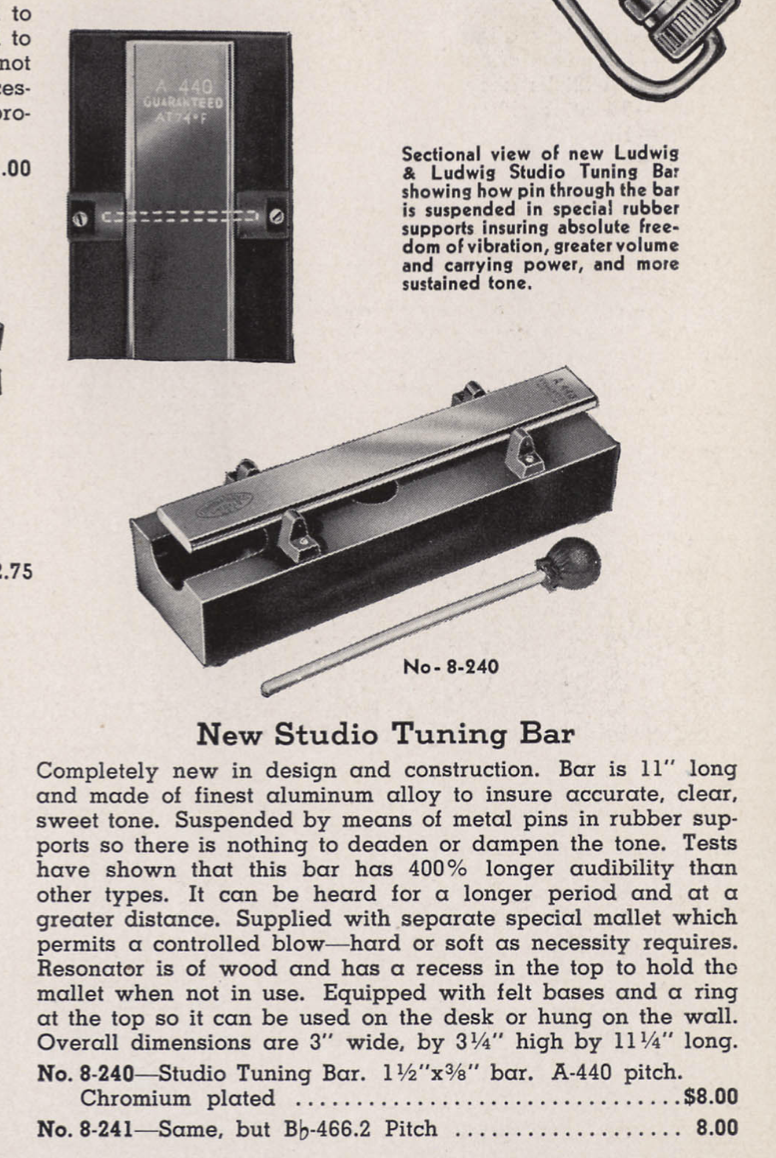 1940s Ludwig & Ludwig Bb 466.2 Hz Studio Tuning Bar No. 8-241