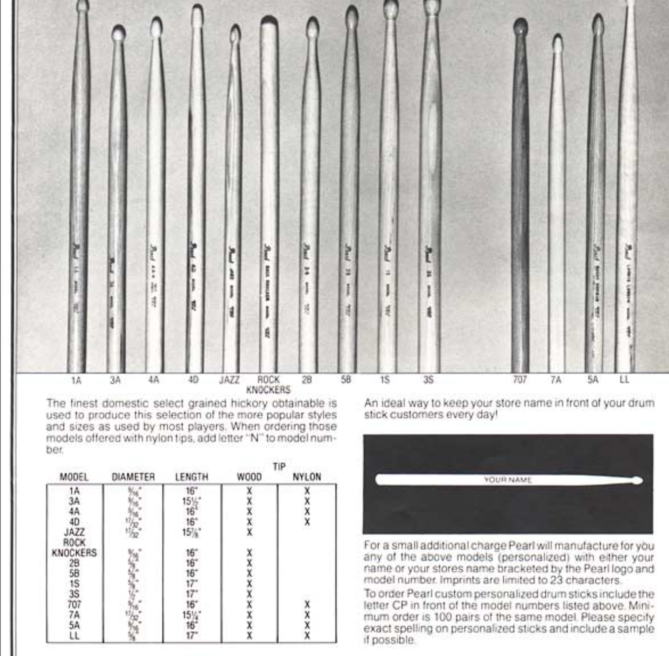 1970s Pearl Jazz Model Wood Tip Hickory Drum Sticks 5 Pairs NOS