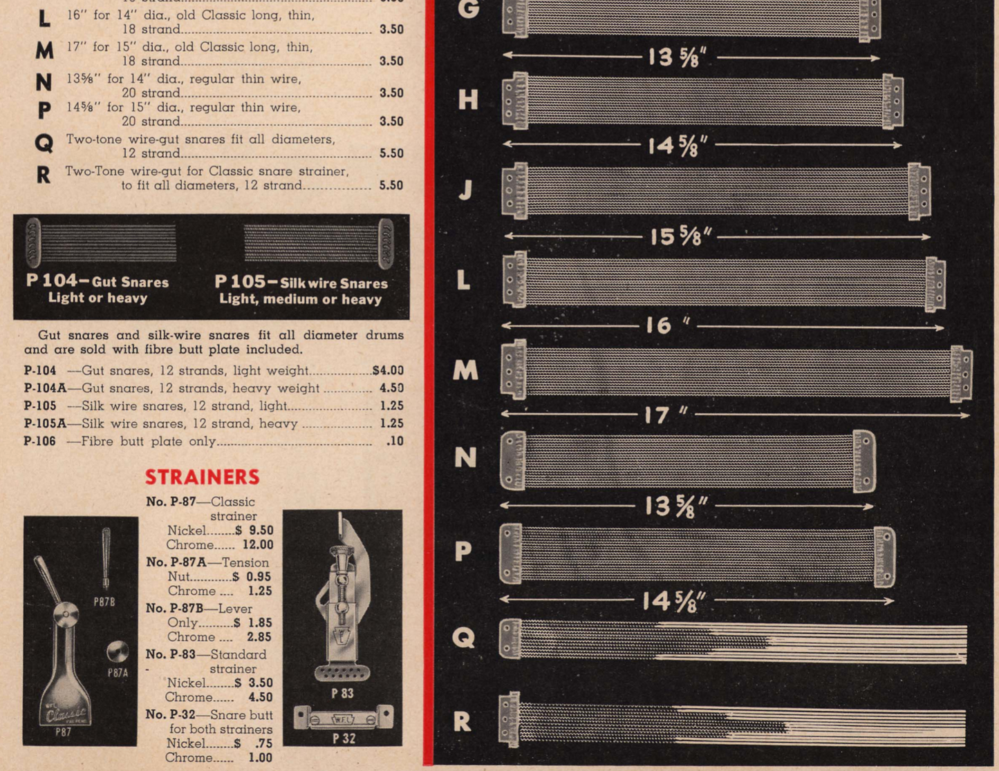 1950s Ludwig No. P-109 WFL Two-Tone Model 12-Strand Wire-Gut Snare Wires NOS