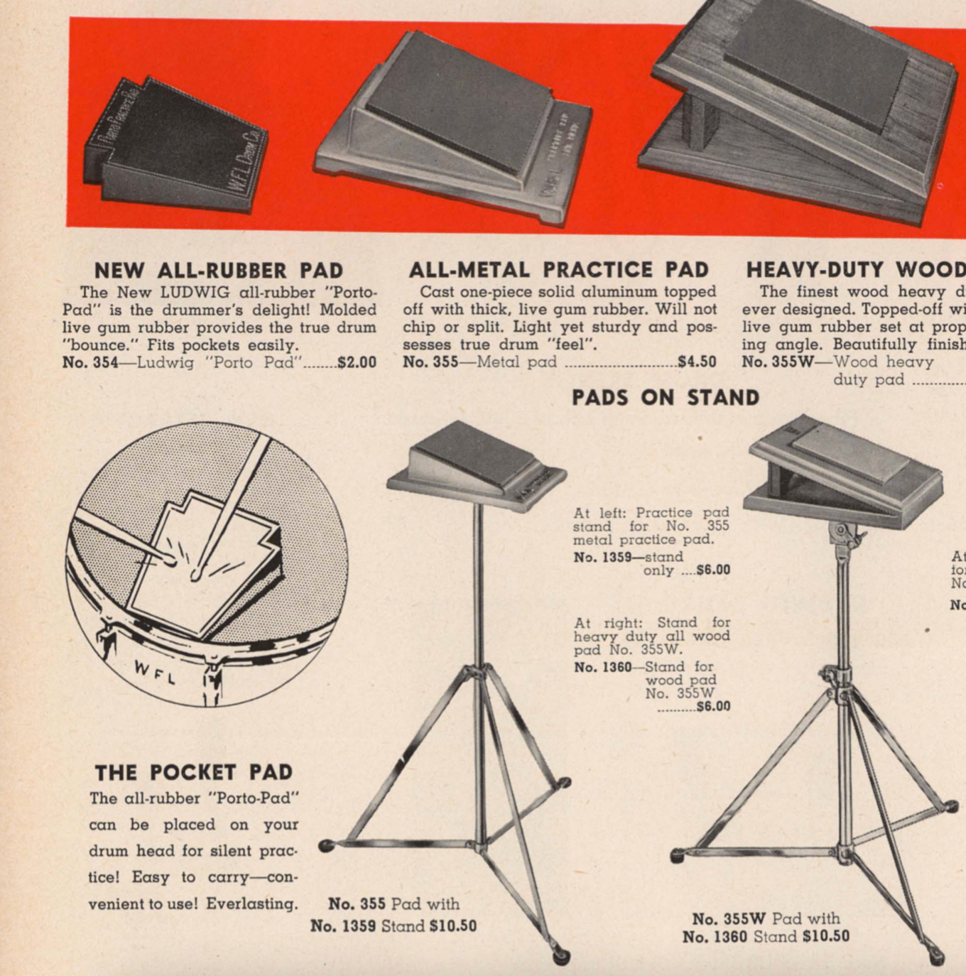 1950s WFL Ludwig Porto-Pad Rubber Pocket Practice Pad No. 354
