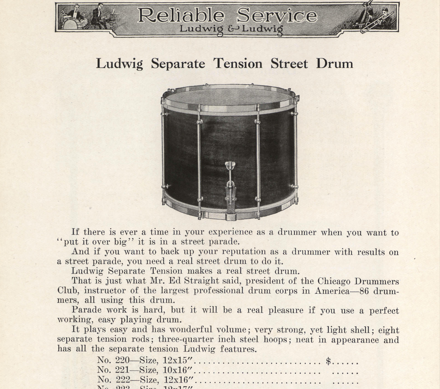 1920s Ludwig 12x16 Separate Tension Street Snare Drum Project No. 222 Field Parade