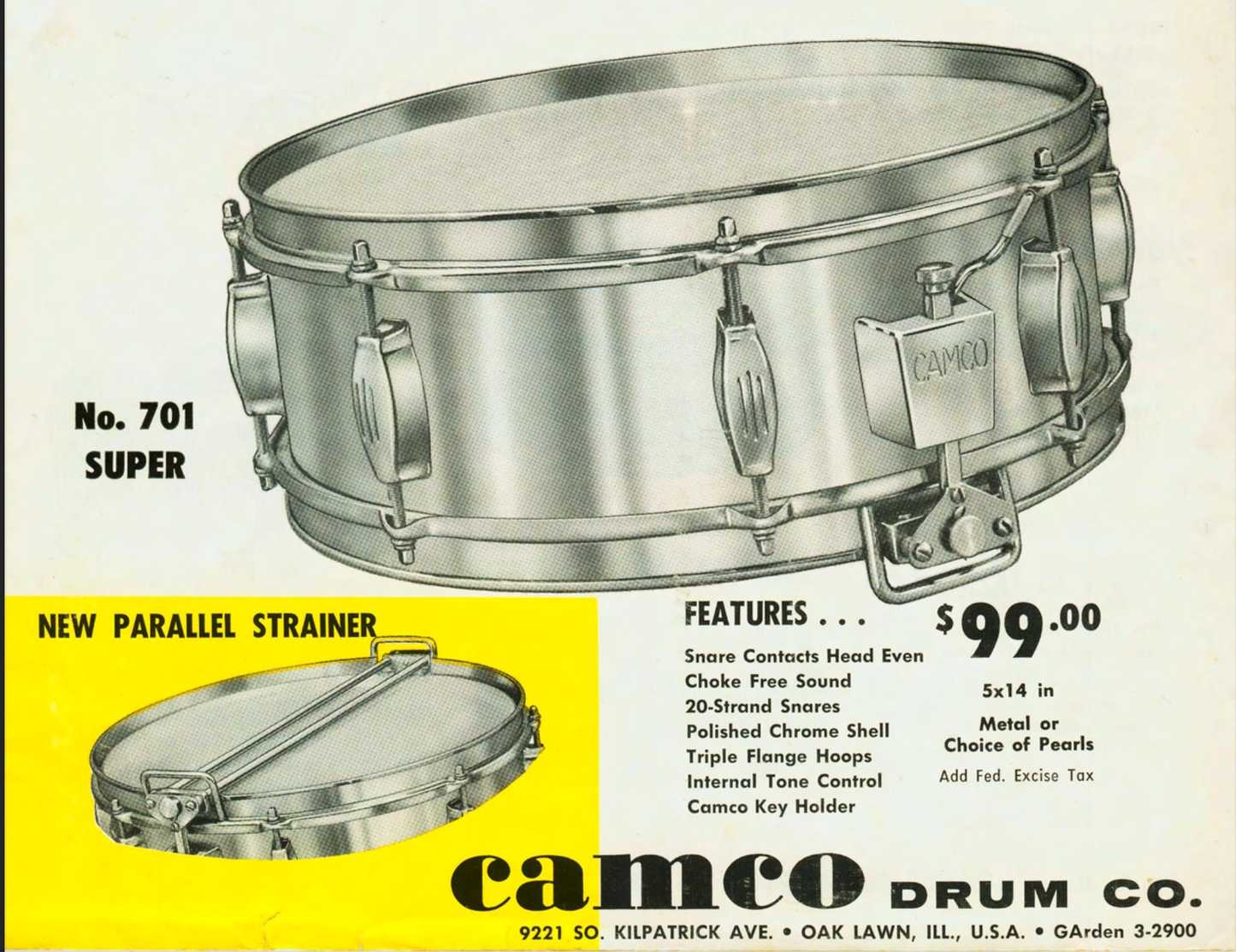 1960s Camco 5x14 Oaklawn 701-M Super Brass Snare Drum COB No. 99