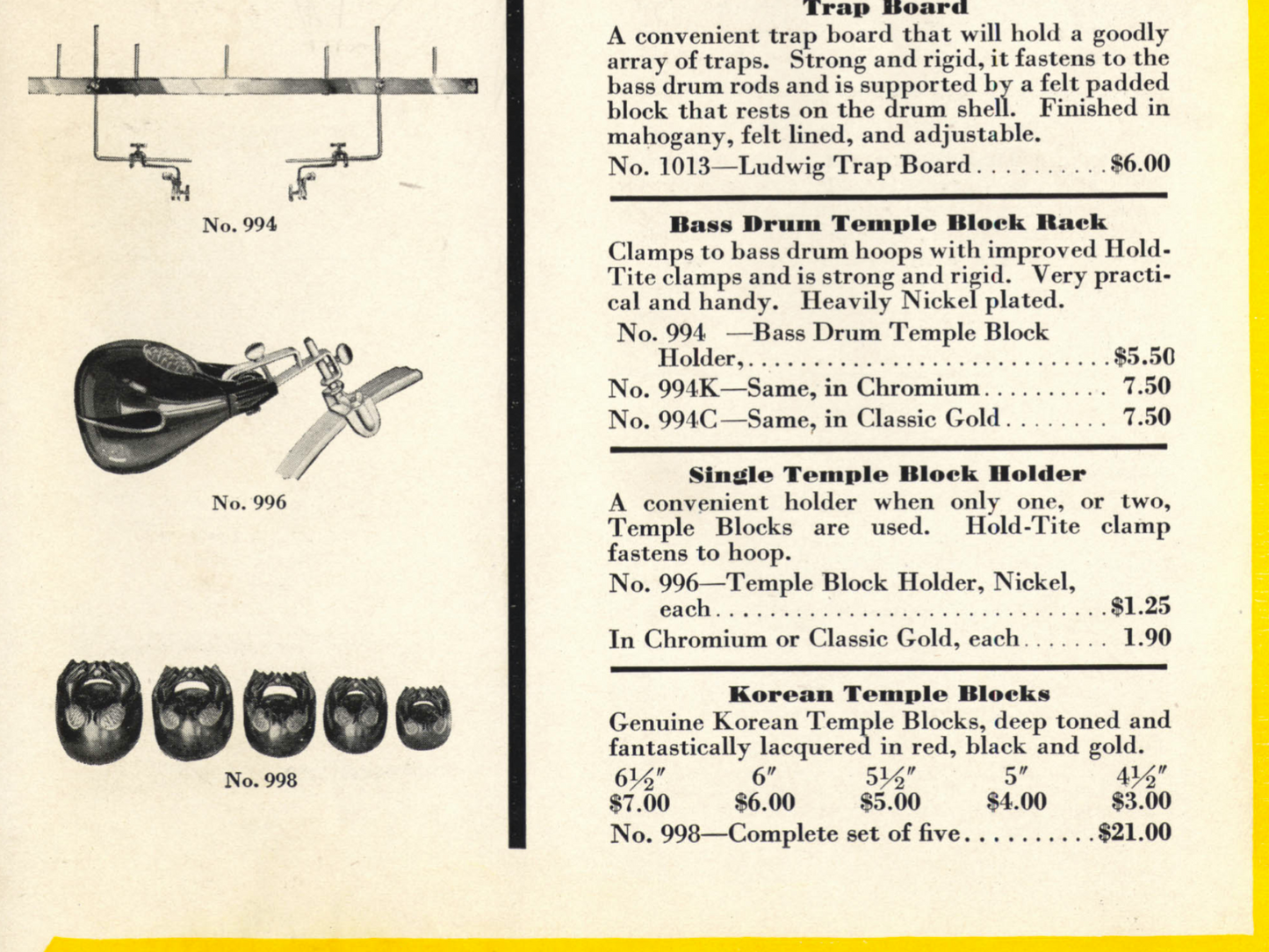 1920s-1930s Leedy / Ludwig Korean Temple Blocks Set of 3 w/ Mounts & Bar