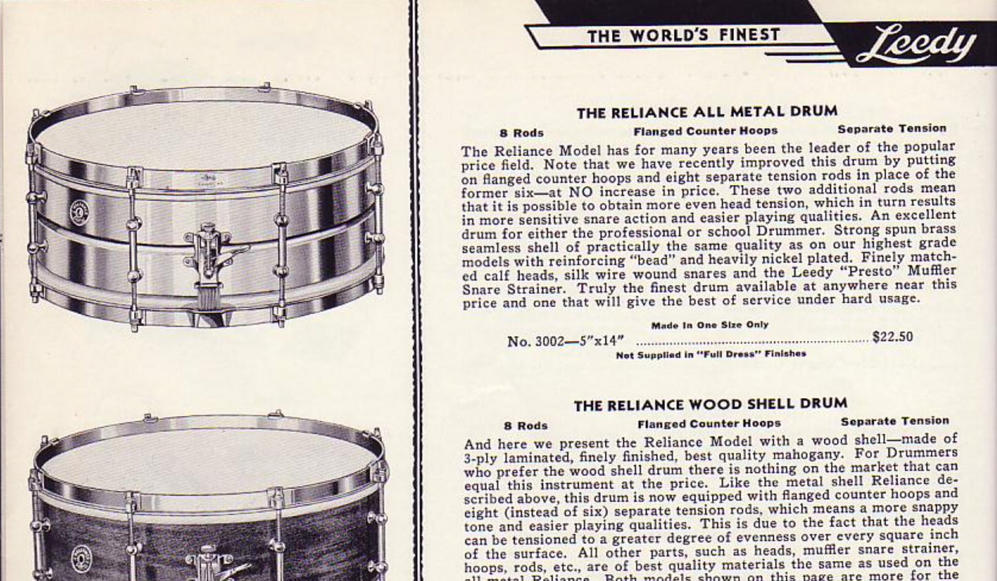 1930s Leedy Reliance 5x14 No. 3002 Snare Drum Nickel Over Brass NOB