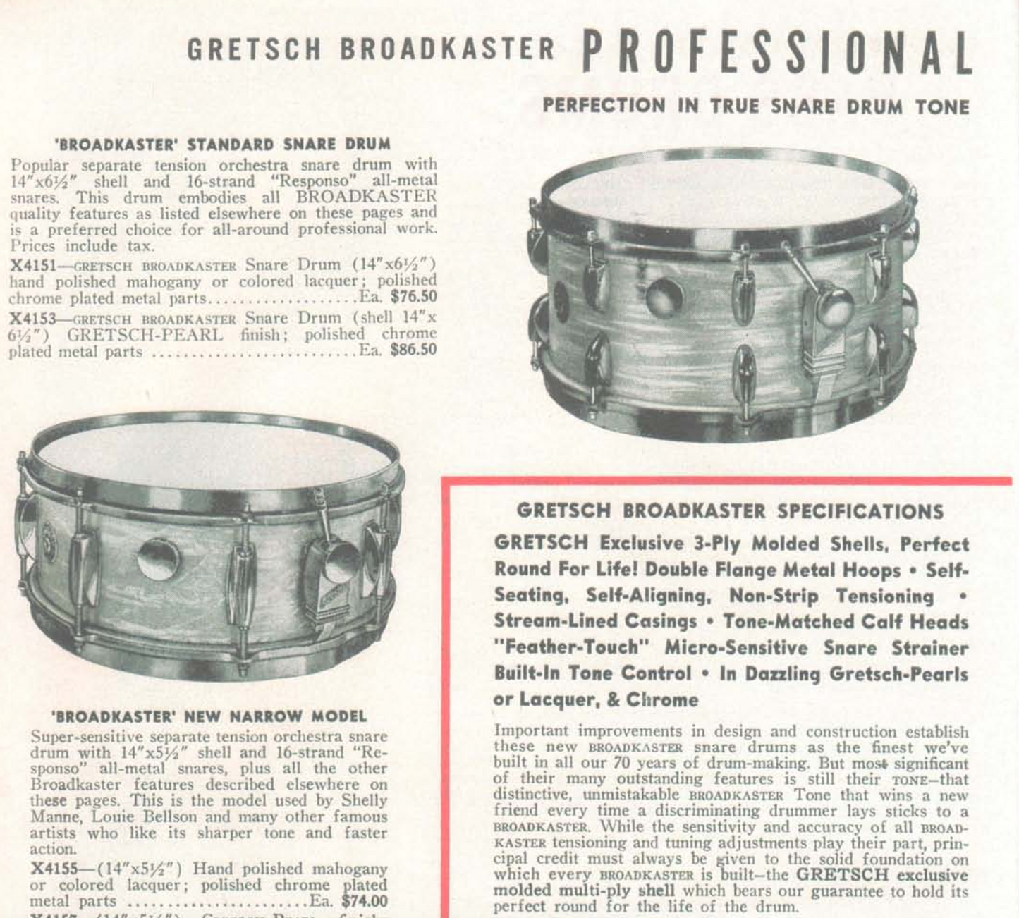 1950s Gretsch Broadkaster Standard 6.5x14 Snare Drum Natural Maple