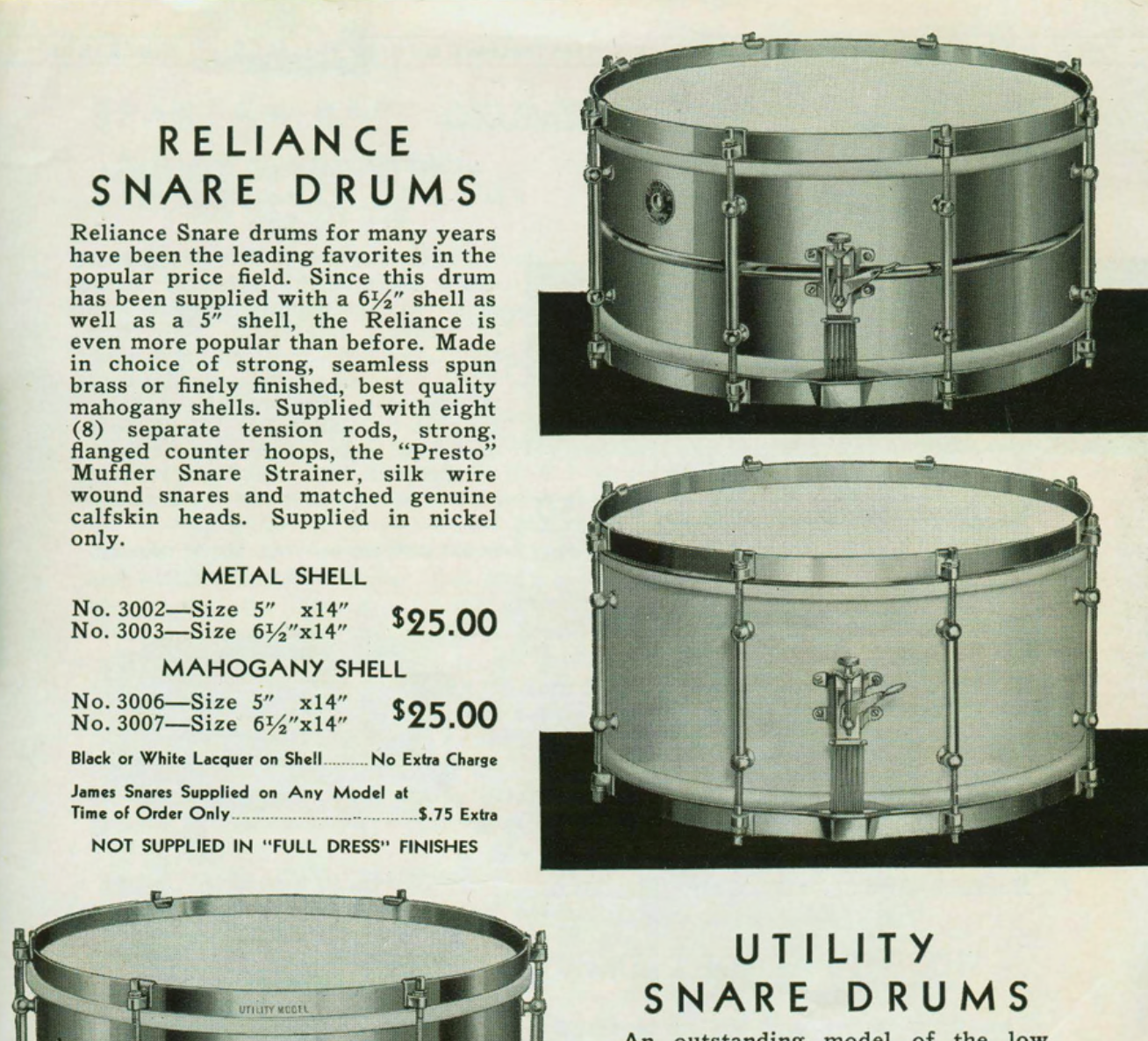 1940s Leedy Reliance 6.5x14 No. 3003 Snare Drum Nickel Over Brass NOB