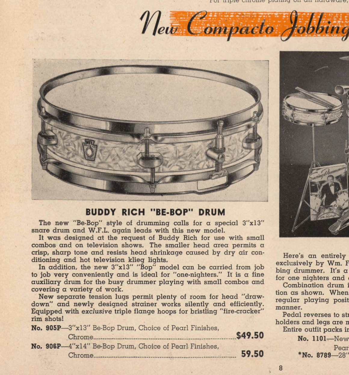 1950s WFL Buddy Rich Be-Bop 3x13 Snare Drum No. 905P White Marine Pearl