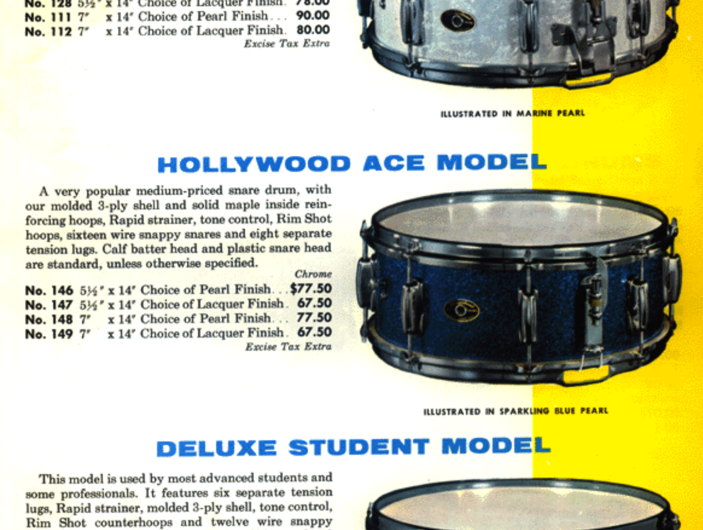 1963 Slingerland 5.5x14 No. 146 Hollywood Ace Snare Drum White Marine Pearl