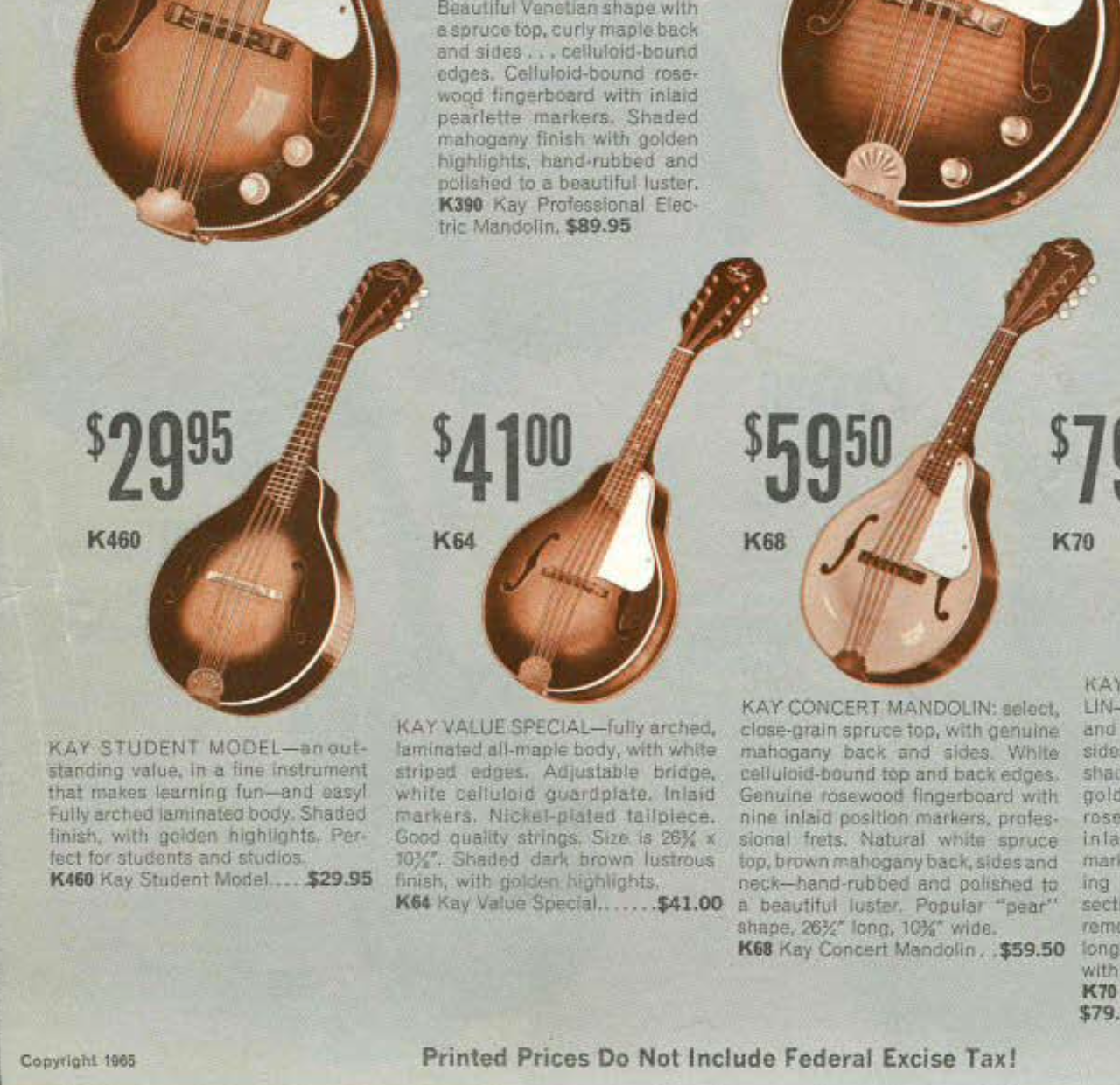1960s Kay K64 A-Style Mandolin Sunburst 464