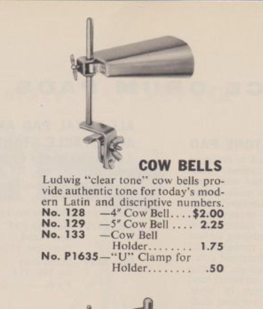 1960s Ludwig 5" Cow Bell No. 129 w/ Cowbell Holder No. 133 Script Logo