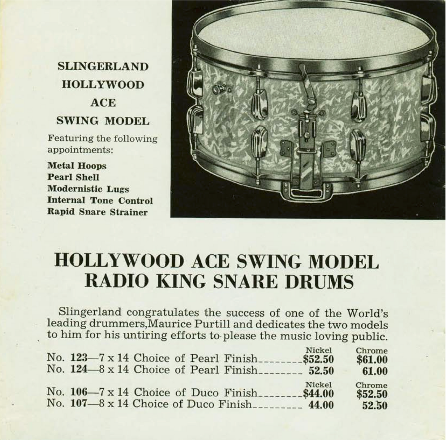 1940s Slingerland 7x14 Hollywood Ace Swing Model Radio King Snare Drum Solid Shell Mahogany