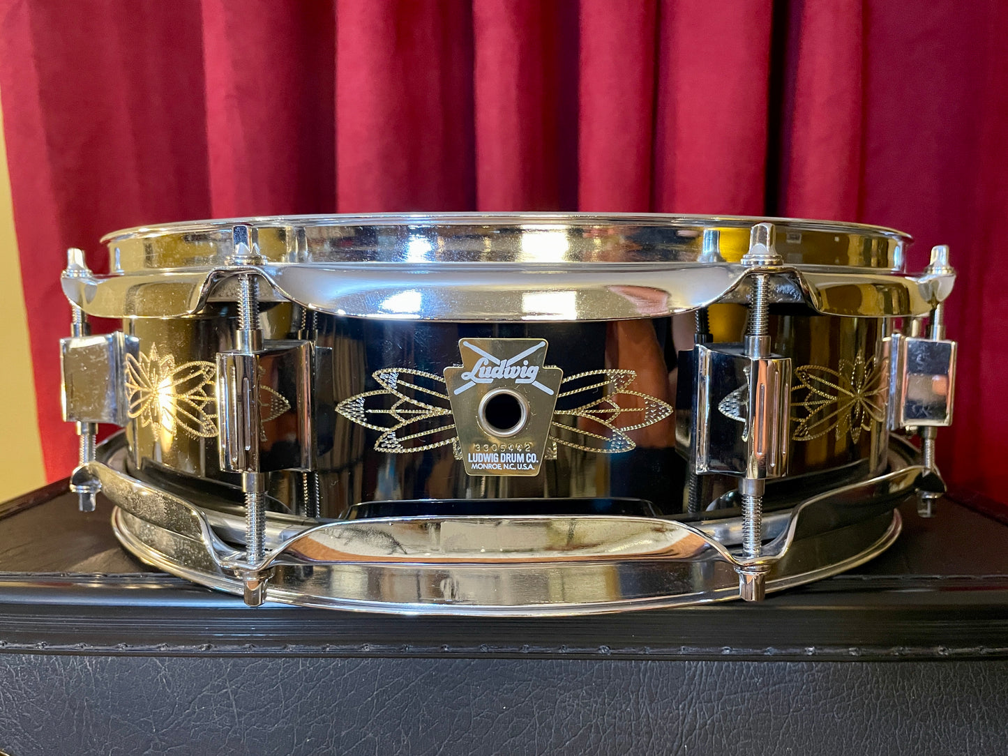 N.O.S. 1990s Ludwig 3x13 Limited Edition 12 Point Floral Engraved Black Beauty Snare Drum w/ Case