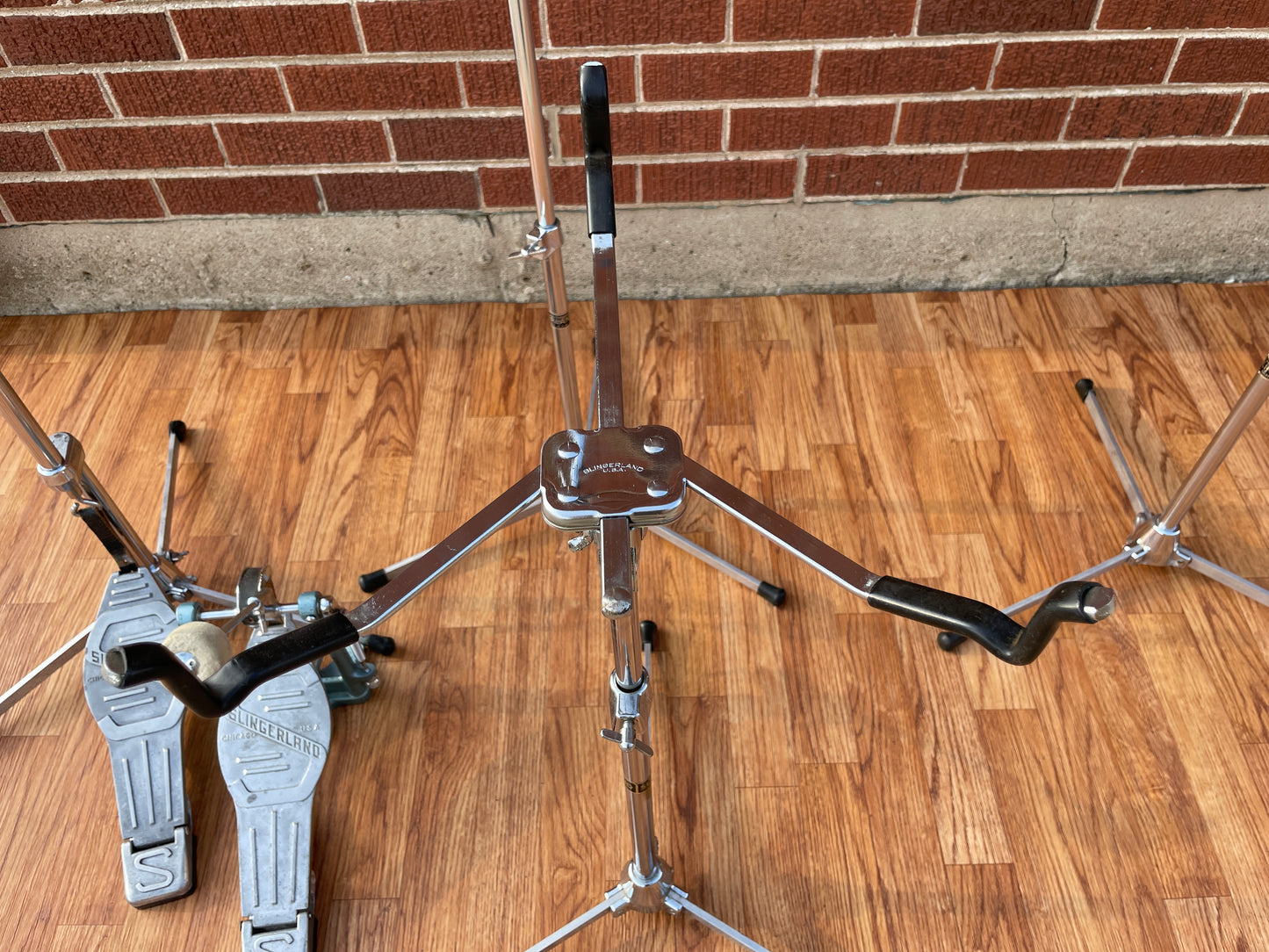 1960s Slingerland Hardware Set w/ Tempo-King Bass Drum Pedal, (2) Flush Base Cymbal Stands, Snare Stand, Flush and Hi-Hat Stand Flat Base