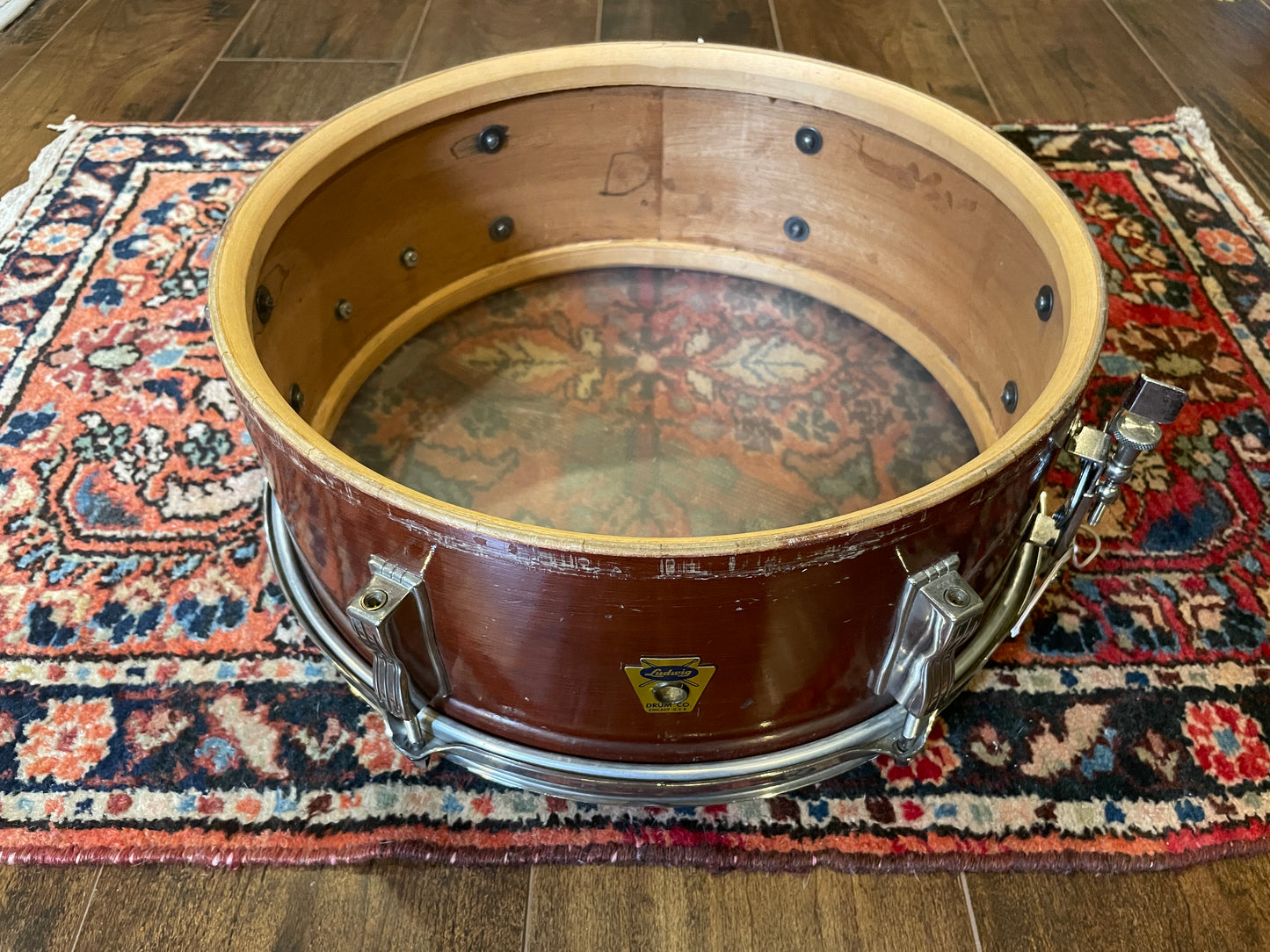 1958-59 Ludwig 5.5x14 Pioneer Transition (Trans) Badge Snare Drum Mahogany