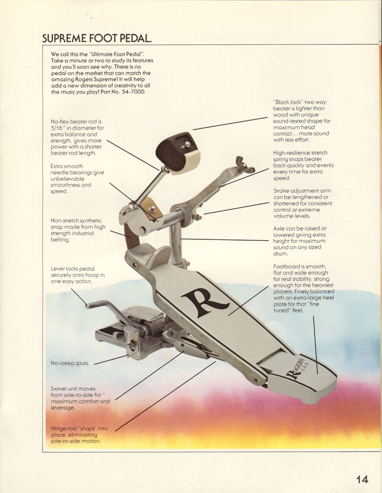 1970s Rogers Big R Supreme Foot Pedal Bass Drum Pedal Part No. 54-7000
